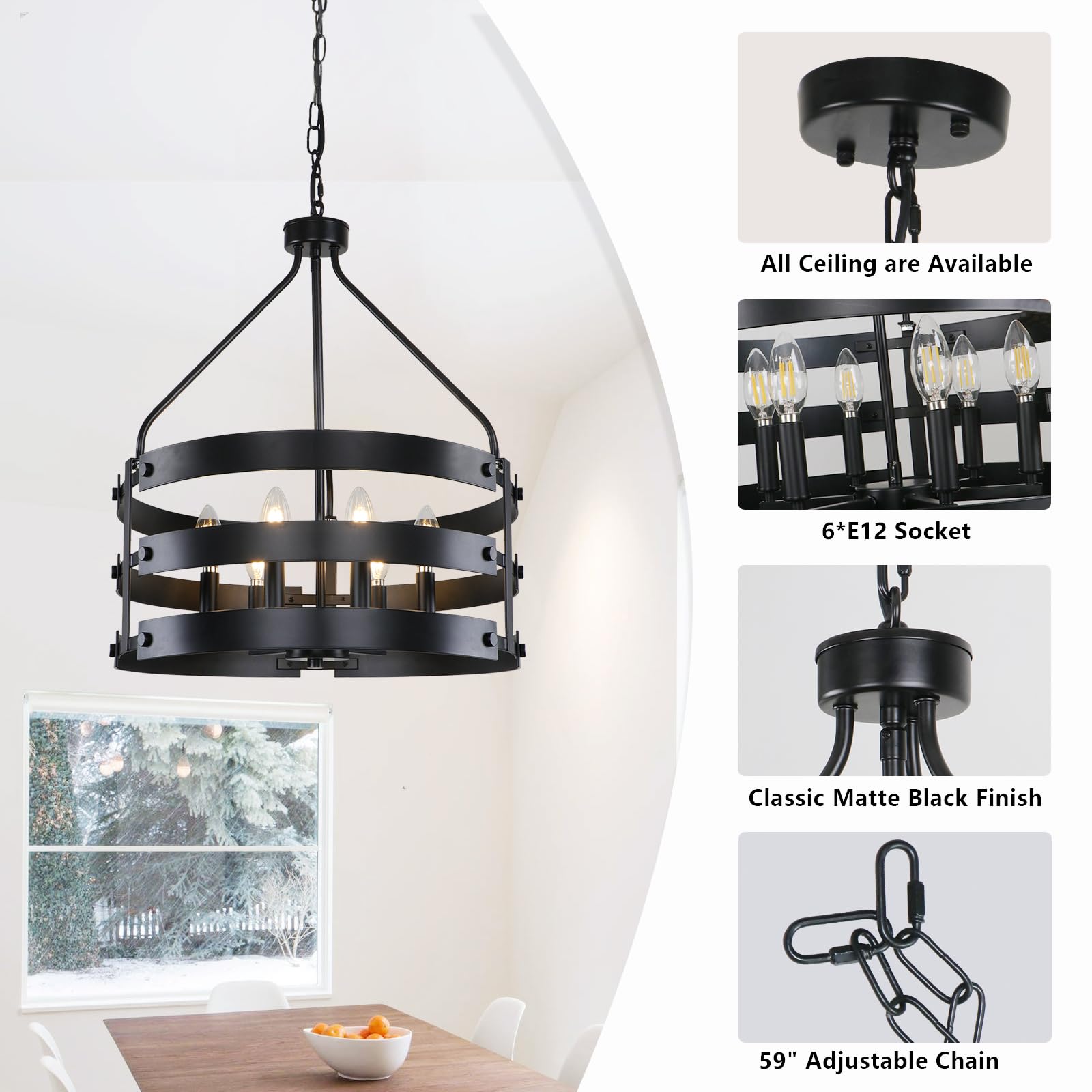Kmaipem 6-Light Black Chandelier For Dining Room Light Fixture, 18.5'' Farmhouse Drum Chandeliers, Modern Industrial Metal Hangi