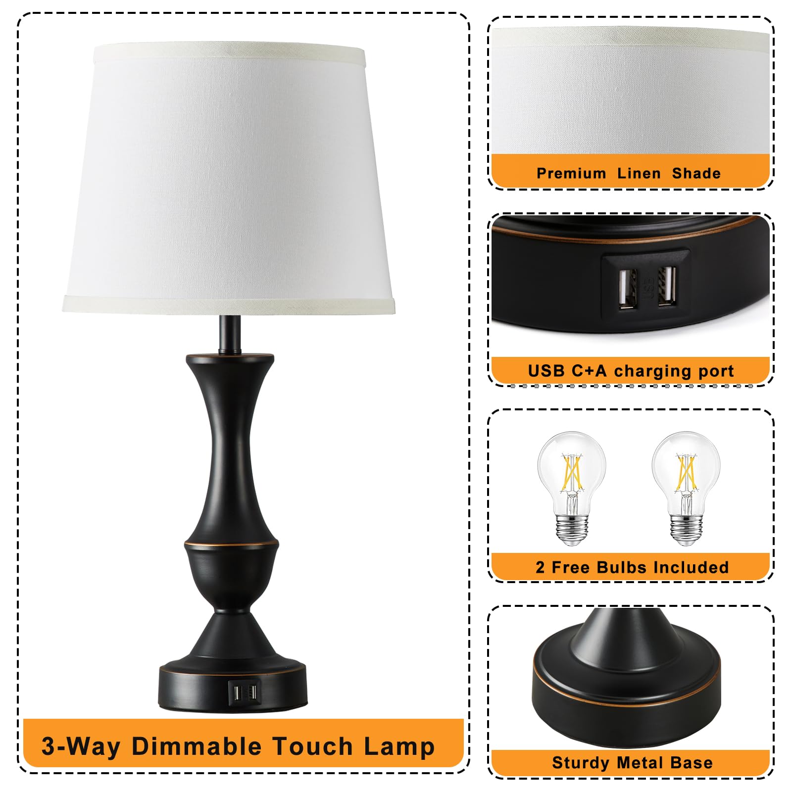 Luvkczc Touch Bedside Lamps Set of 2, 3-Way Dimmable, USB Ports, White Linen Shade, Model L-73008-07, Black/White Color