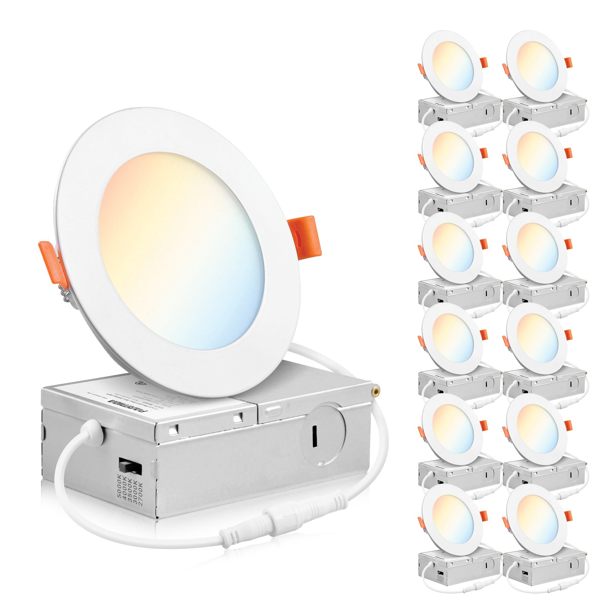PARMIDA (12 Pack) 4 Inch Dimmable 5CCT Ultra-Thin LED Recessed Ceiling Light with Junction Box, 5 Color Selectable 2700K/3000K/3