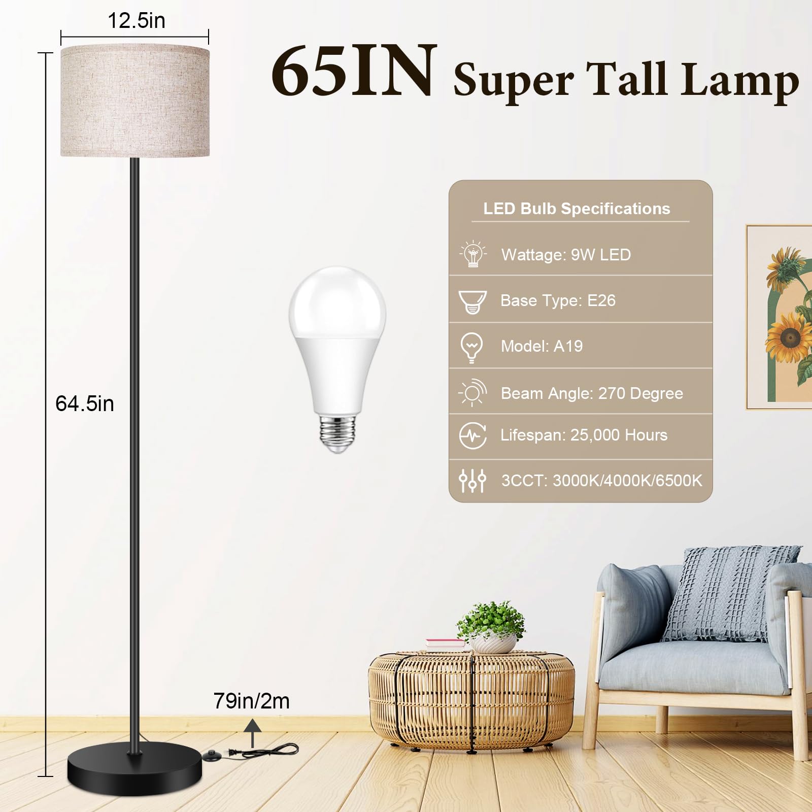 TOBUSA Floor Lamp with 3CCT LED Bulb, 65’’ Tall, Metal, Black Pole, Drum Shade, Dimmable, Model JF17061A.BK