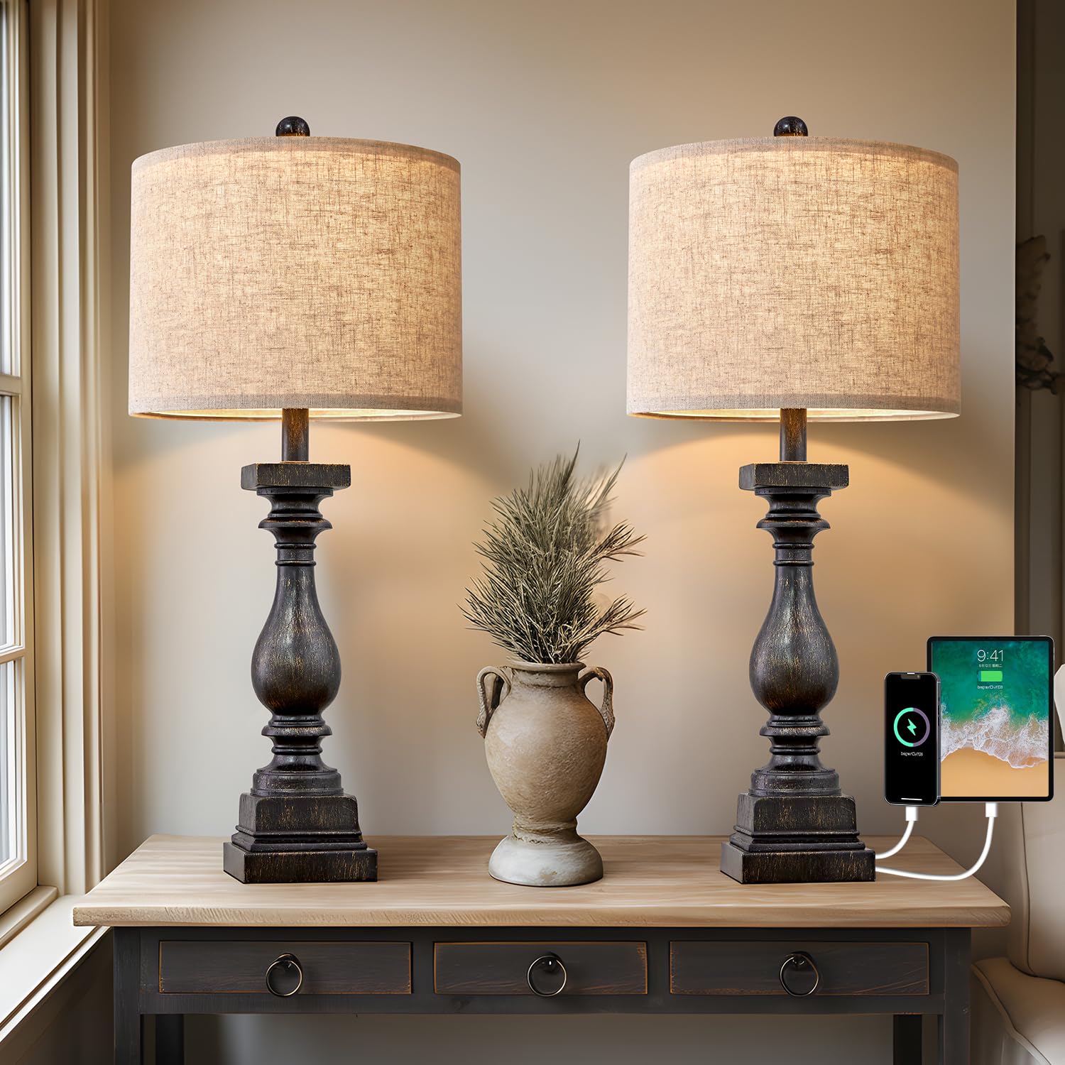 BOBOMOMO 27'' Farmhouse Table Lamp Set of 2 with USB A+C for Bedroom Living Room Vintage Rustic Traditional Nightstand Bedside L