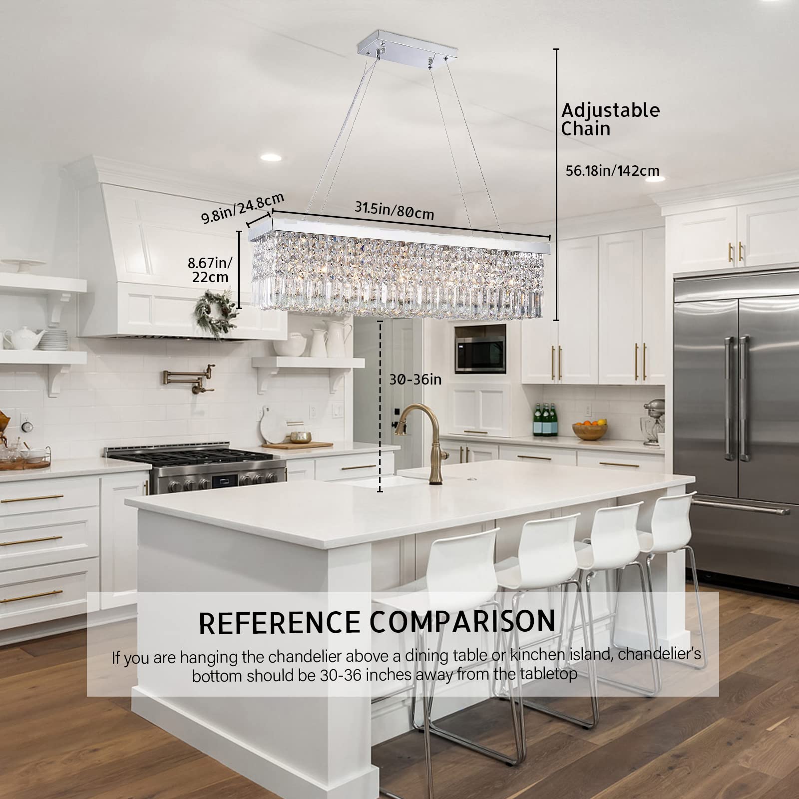 Rectangular Chandeliers For Dining Room, Modern Rain Drop Chandeliers, Hanging Pendant Crystal Chandelier Light For Kitchen Isla