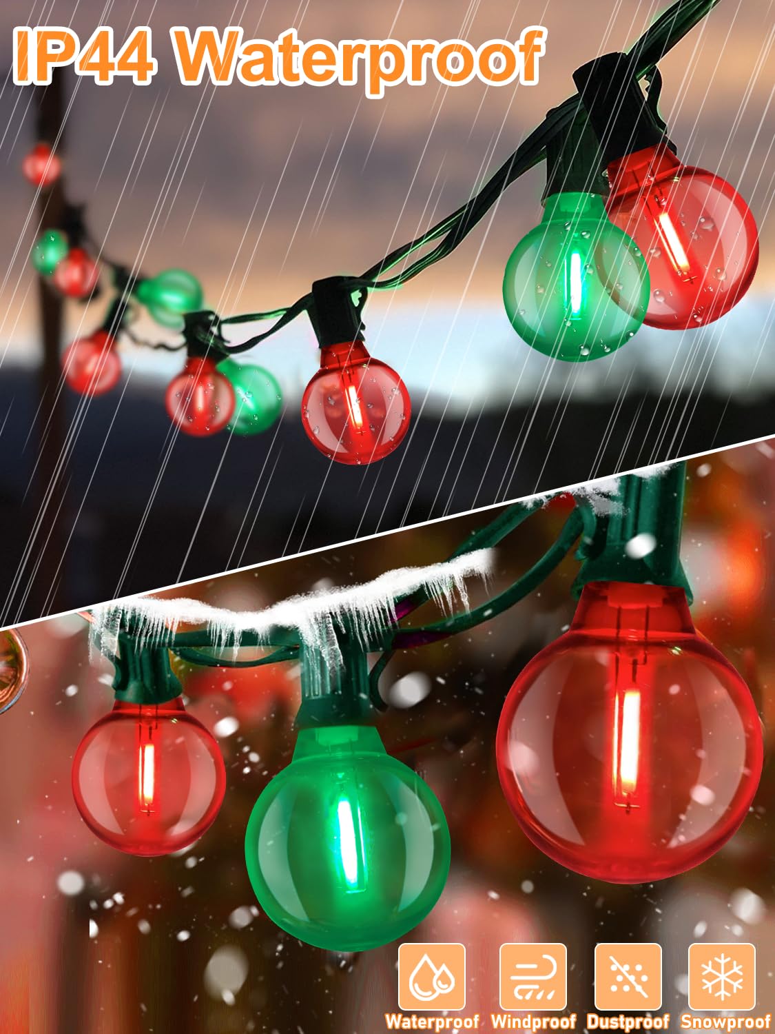 50Ft Vintage Christmas Lights Outdoor, G40 Led Globe Outdoor Christmas Lights With 27 Led Clear Red Green Lights(2 Spare), Round