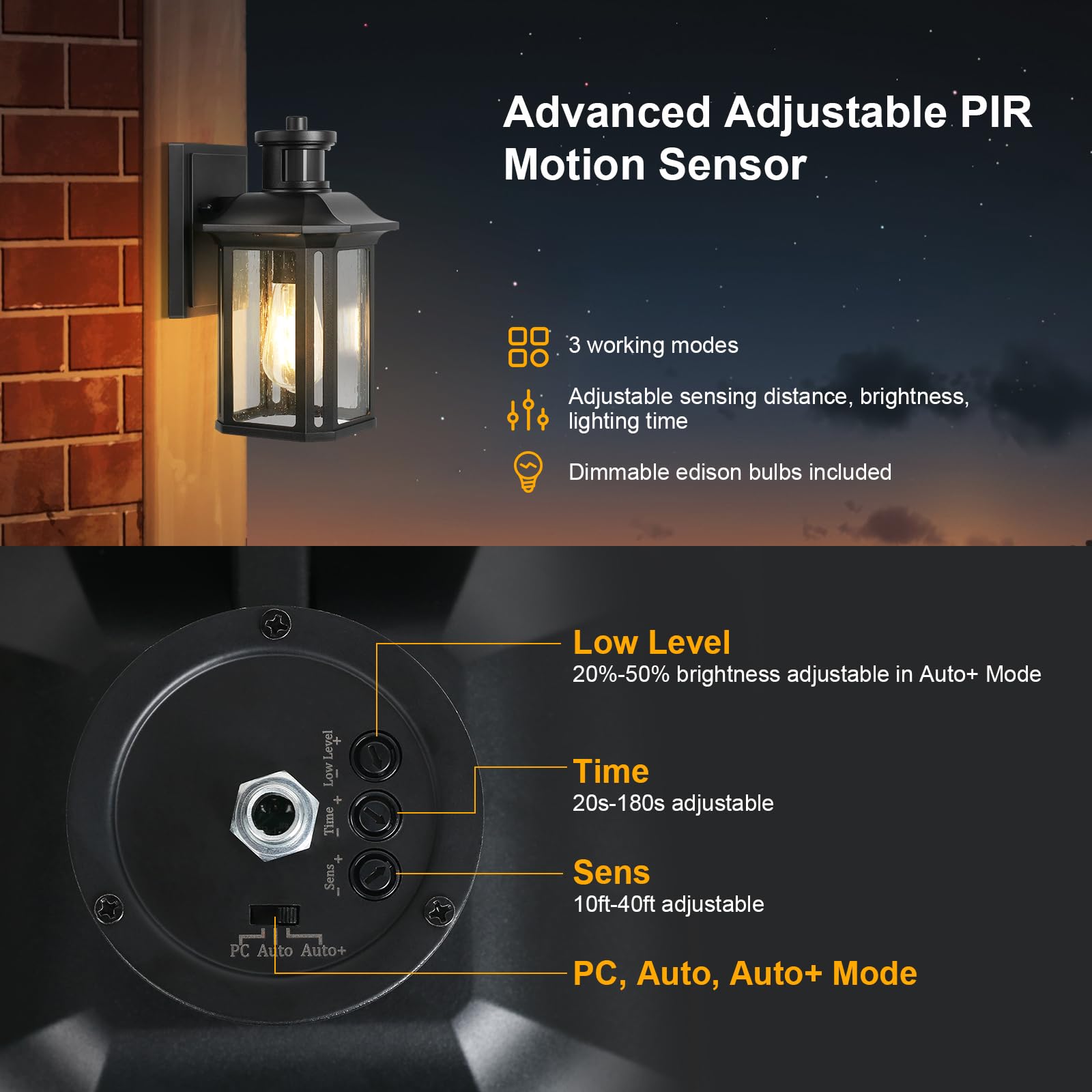 Treewell 2 Pack Motion Sensor Outdoor Wall Lights, Waterproof Black Porch Lights, 3 Adjustable Modes, ETL Listed