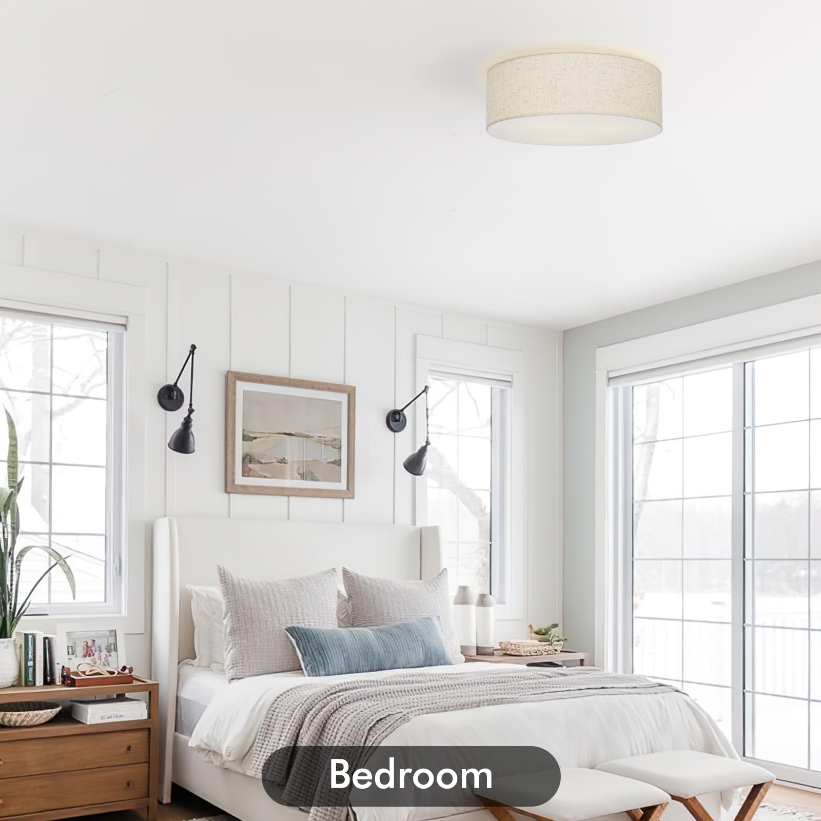 Vexagyle Flush Mount Ceiling Light,16''Modern Close To Ceiling Lamp With Double Linen Fabric Shade,3 Light Semi Flush Mount Ceil