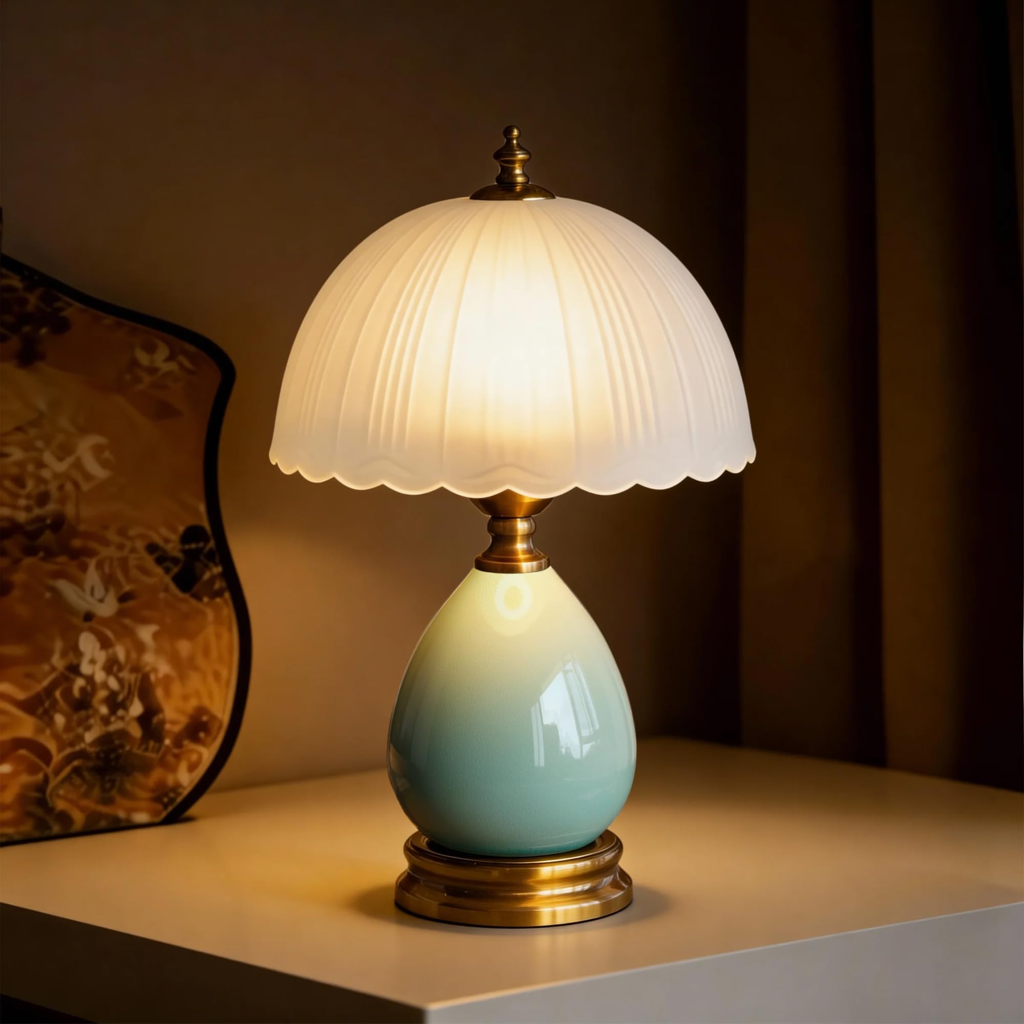 URLIGHTS Decorative Ceramic Table Lamp with Frosted Glass Shade  Small Bedside Nightstand Lamp with Dimmable Light  6ft Cord  E26 Bulb Included for Bedroom & Living Room