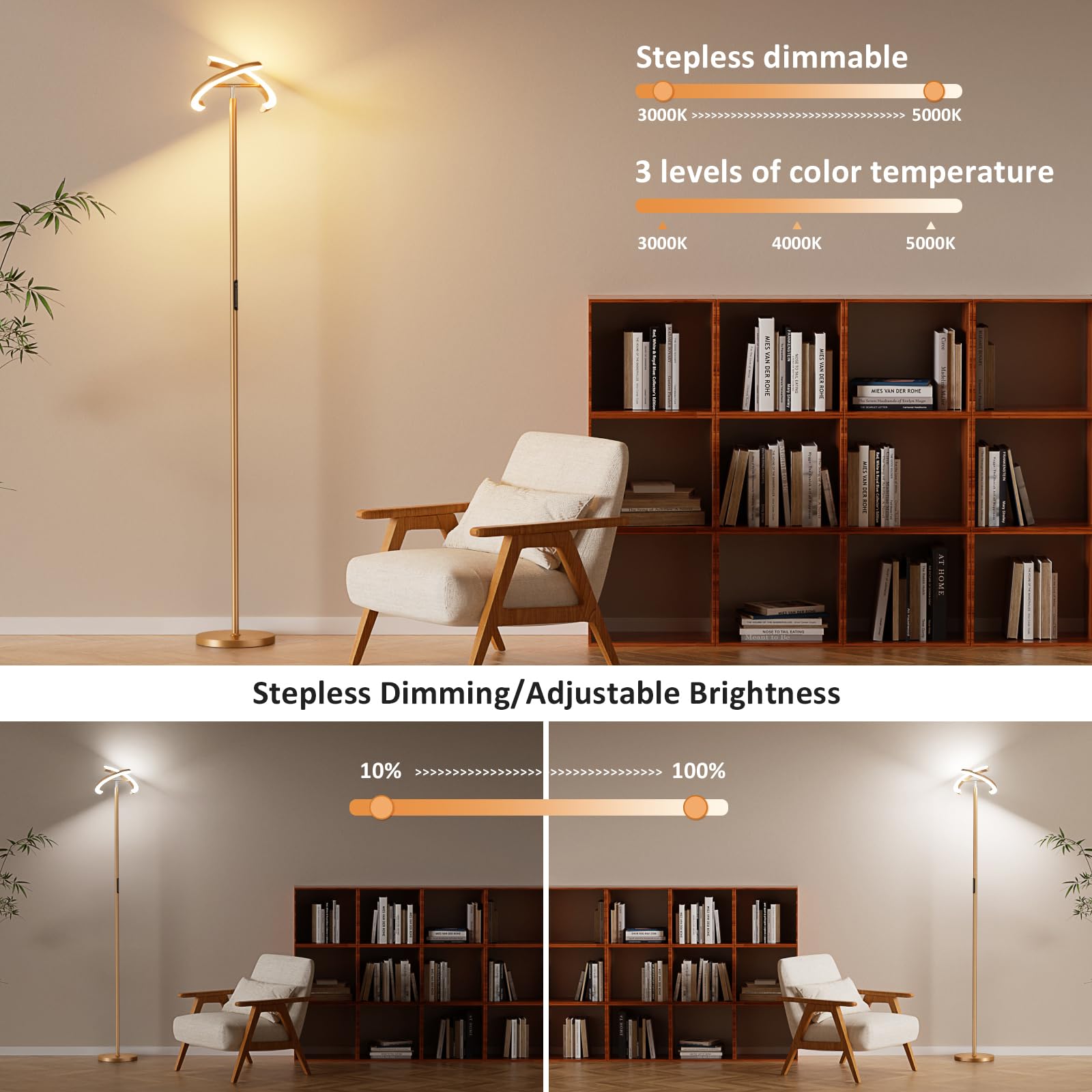 Preeotti Led Gold Floor Lamp - 73.6'' Tall Modern Standing Lamp With 2 Rotatable Lights, Remote & Touch Control, 36W Bright Step