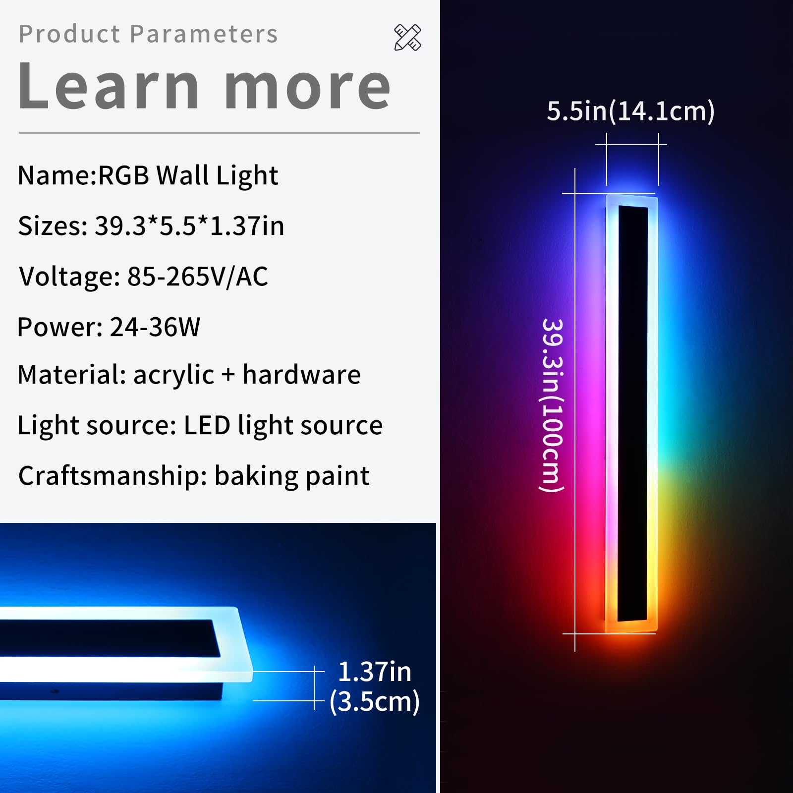 Widened 2 Pack Long Rgb Led Wall Lights, 39.3Inch Modern Dimmable Outdoor Sconces, 10 Colors, Remote Control, Ip65 Waterproof, G