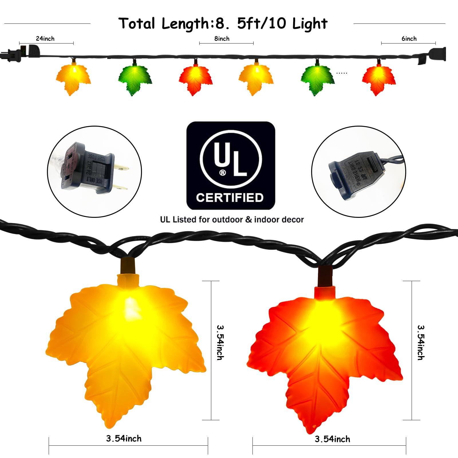 Fall Decor Maples Leaf String Lights, 8.5Ft Led Maple Leaf Lights With 10 3D Maple Leaf Light, Plug In Fall Decorations For Indoor Outdoor Thanksgiving Christmas Halloween Harvest-Orange/Yellow/Green