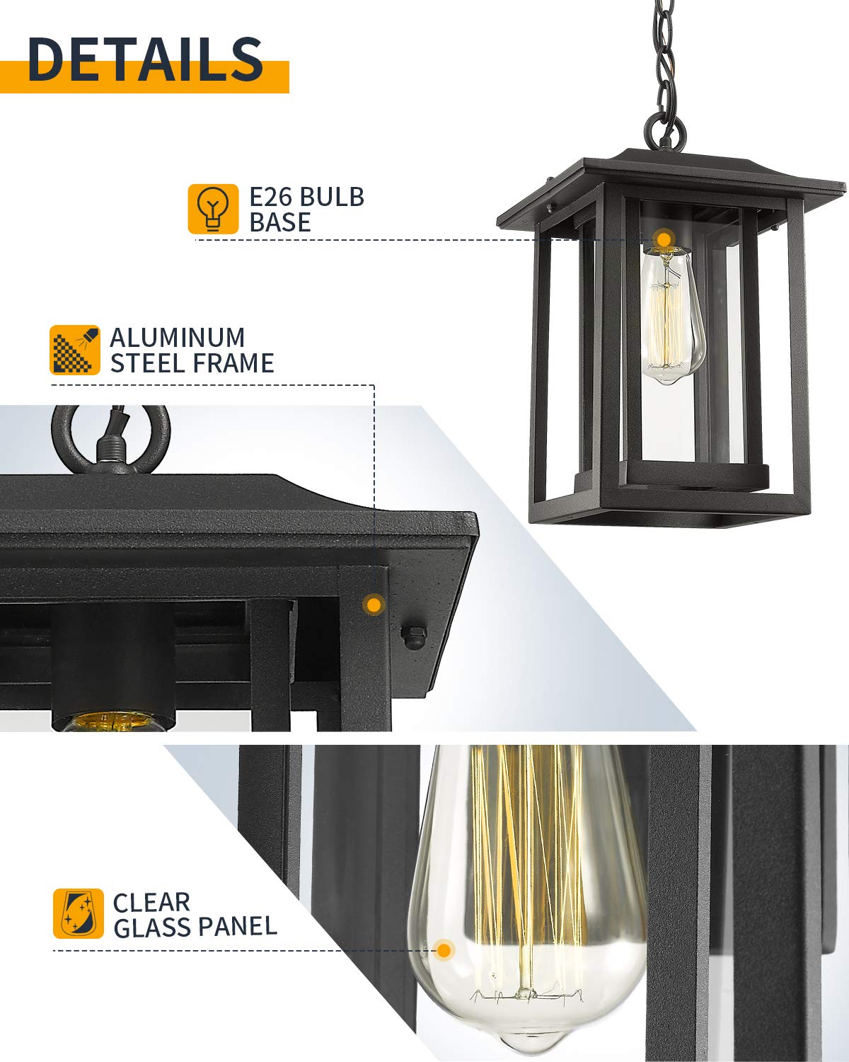 Beionxii Outdoor Pendant Light - Large Black Cast Aluminum Hanging Lantern, Clear Glass, Model A197H-1PK (13.5" x 9")