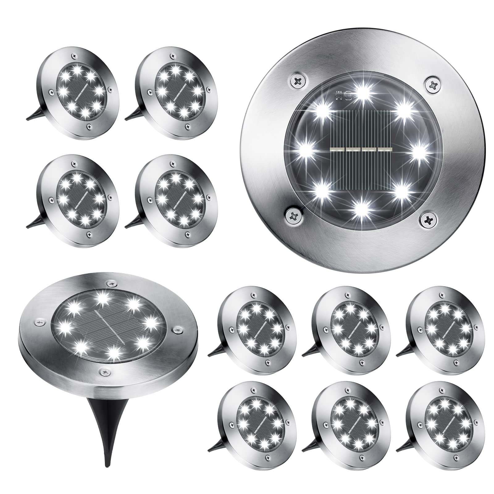 Brizled Solar Ground Lights, 12 Pack 8 LED In-Ground Lights, Waterproof Solar Disk Light Garden Lighting Outdoor Landscape Light