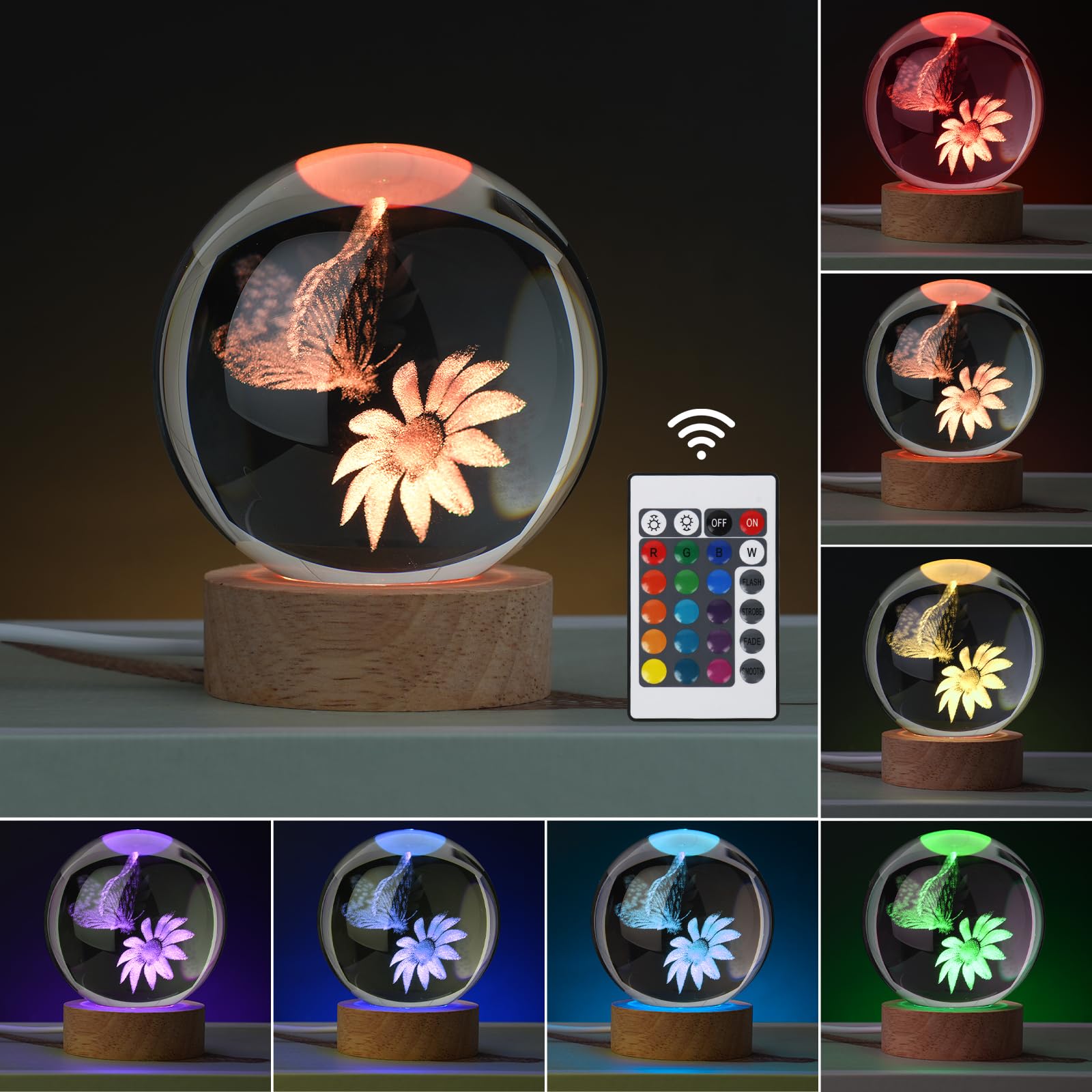 Janarary Large 3D Butterfly Crystal Ball Night Light, 16 Color Changing With Remote, Ideal Gift For Teens Boys And Girls, Butter
