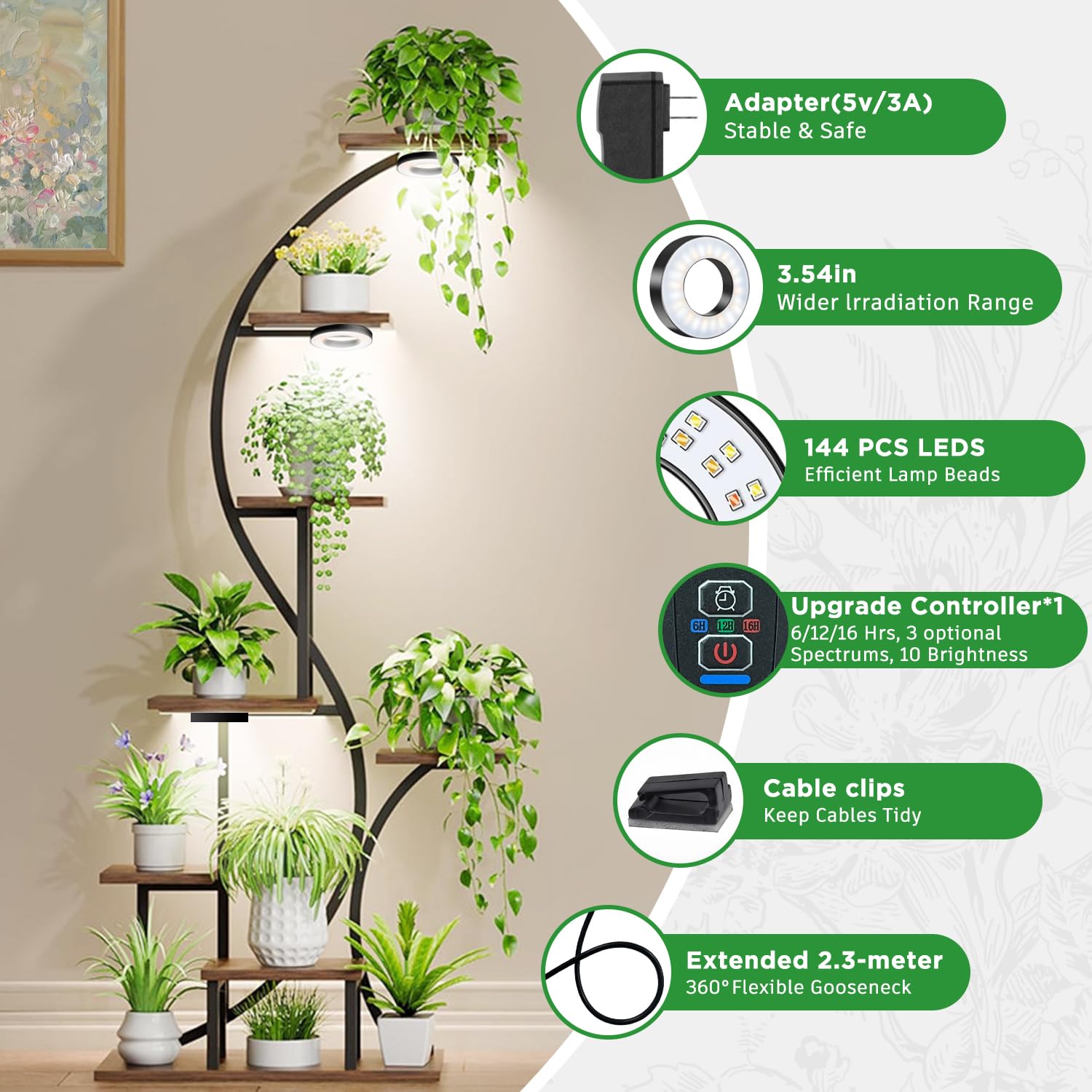 SILK ROLL Tri-Head Grow Light, 10-Level Dimmable, 144 LEDs, 3 Lighting Modes, 7.5ft Cord, Black, Aluminum, Model NSR