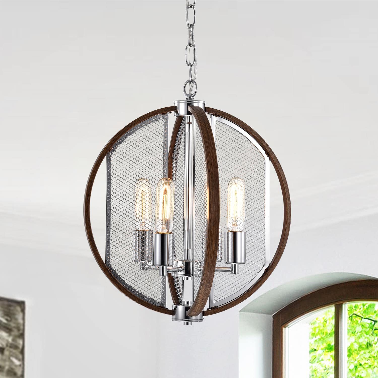 Warehouse of Tiffany IMP26A/4IC Serila Imitation Wood Grain/Chrome 4-Light Chandelier, 15.75'' L x 15.75'' W x 16.54'' H