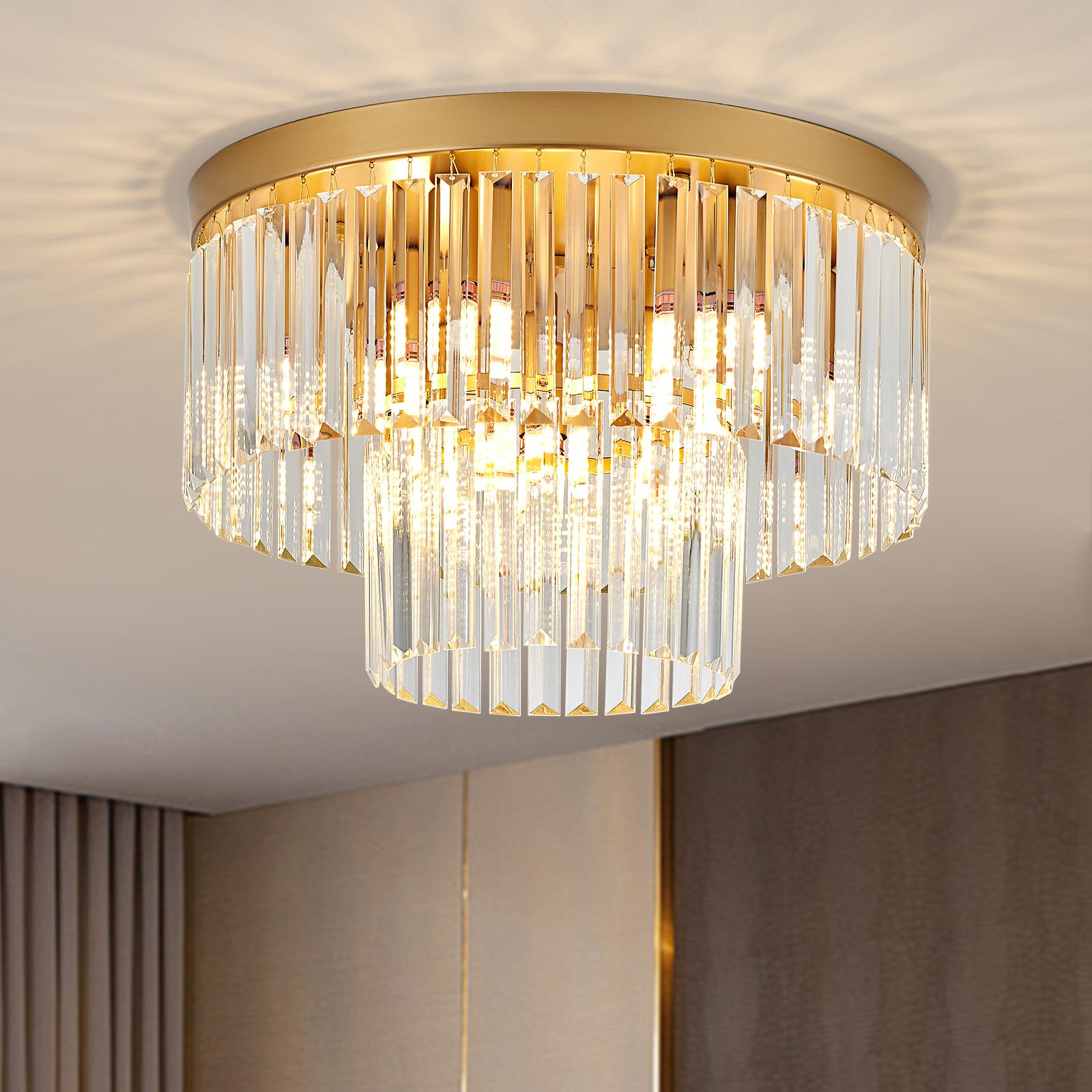 Faibra 17" Gold Crystal Ceiling Light - Modern 9-Light 2-Tier Luxury K9 Crystal Fixture For Dining Room, Kitchen, Island, Living Room, Bedroom