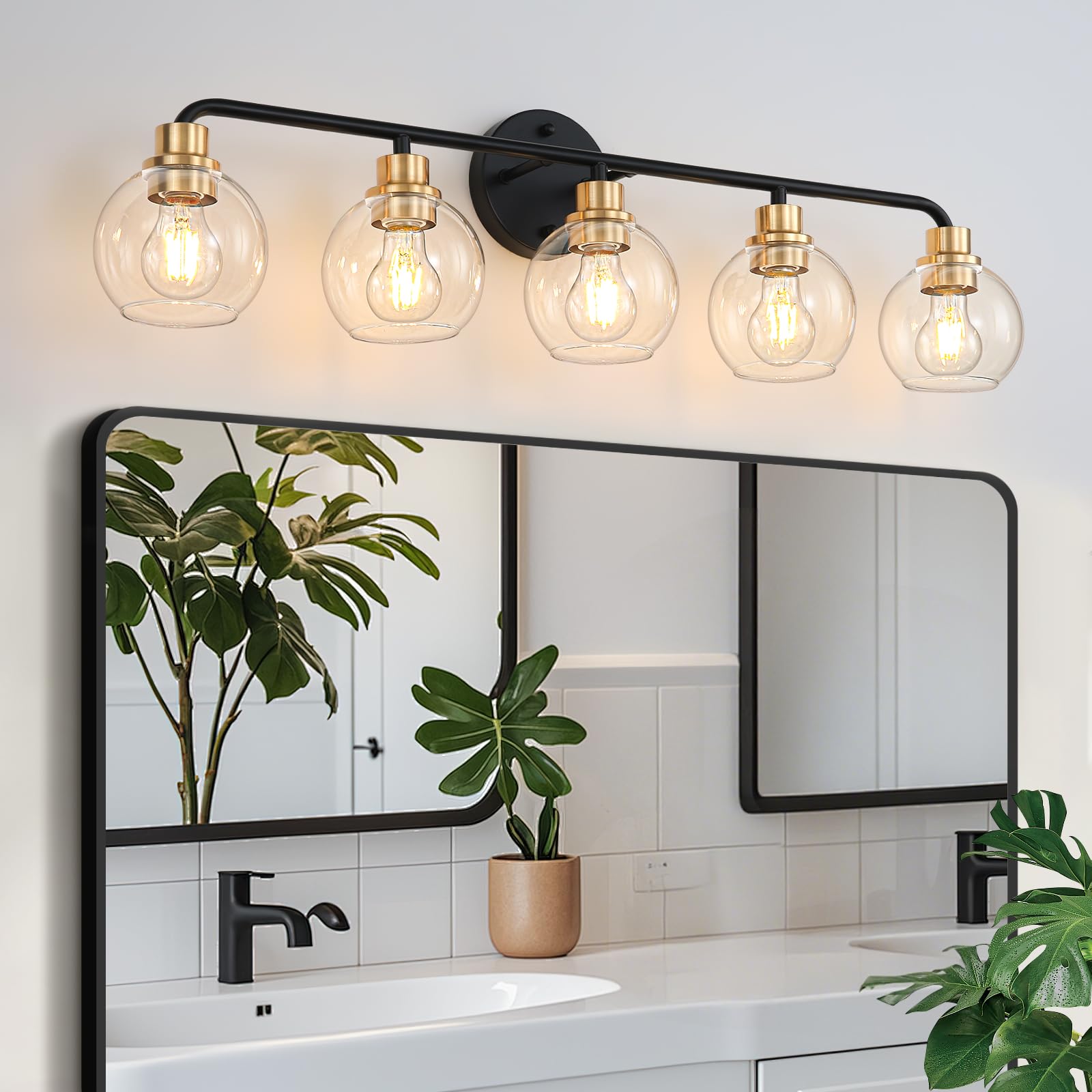 5 Light Bathroom Vanity Light  Black and Gold Bathroom Light Fixtures with Clear Glass Shade Modern Wall Sconces Lighting Bath Wall Lights Lamp for Mirror Kitchen Living Room Bedroom Hallway Cabinet