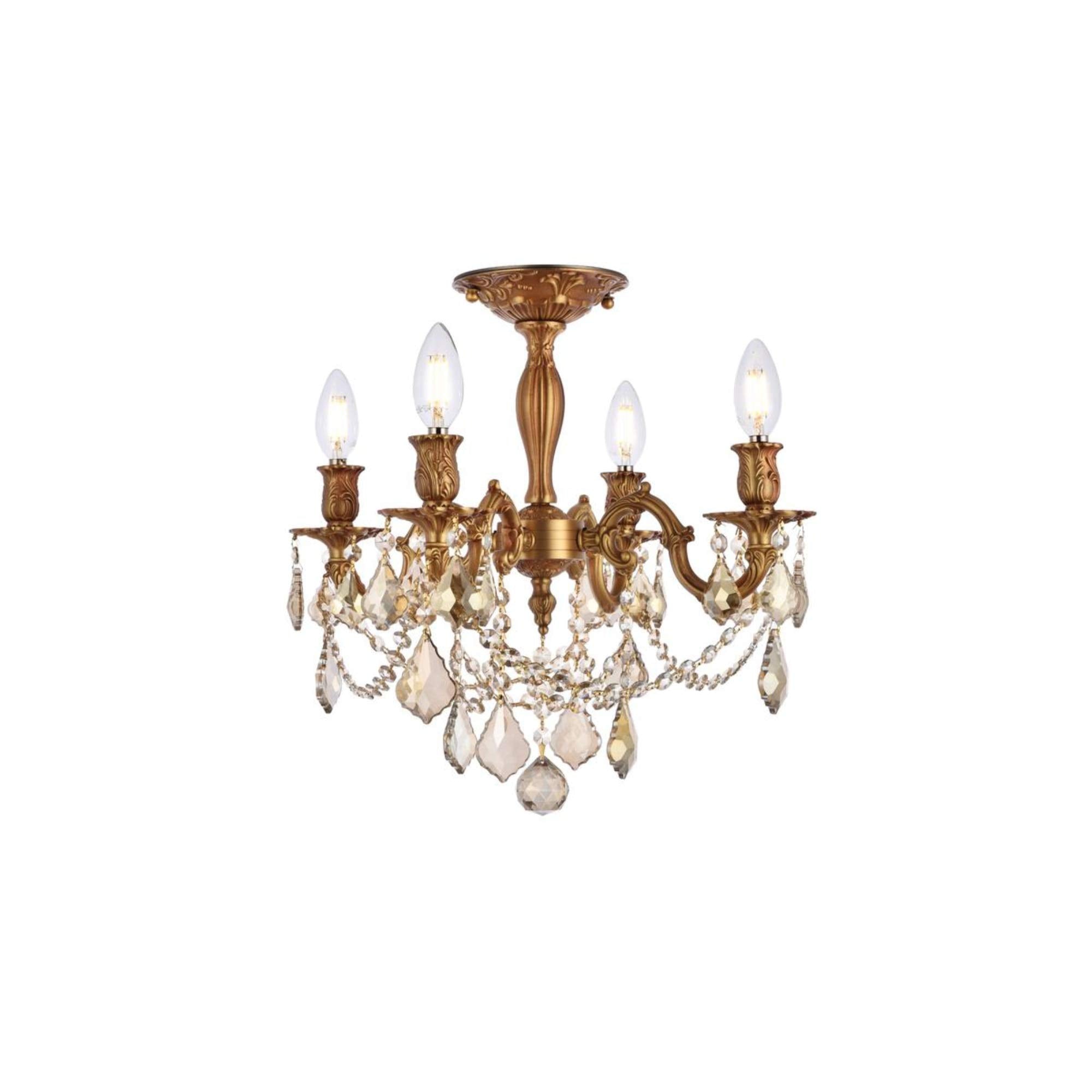 Elegant Lighting 9204F17FG-GT/RC Royal Cut Smoky Golden Teak Crystal Rosalia 4-Light, Tier Semi-Flush Crystal Chandelier, Finished in French Gold with Smoky Golden Teak Crystals