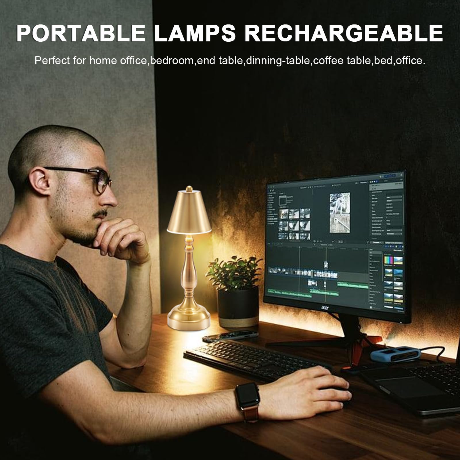 Cordless Rechargeable Table Lamp,5000Mah Battery Operated Lamps Cordless, Portable Small Brass Desk Lamp,3 Color Touch Stepless