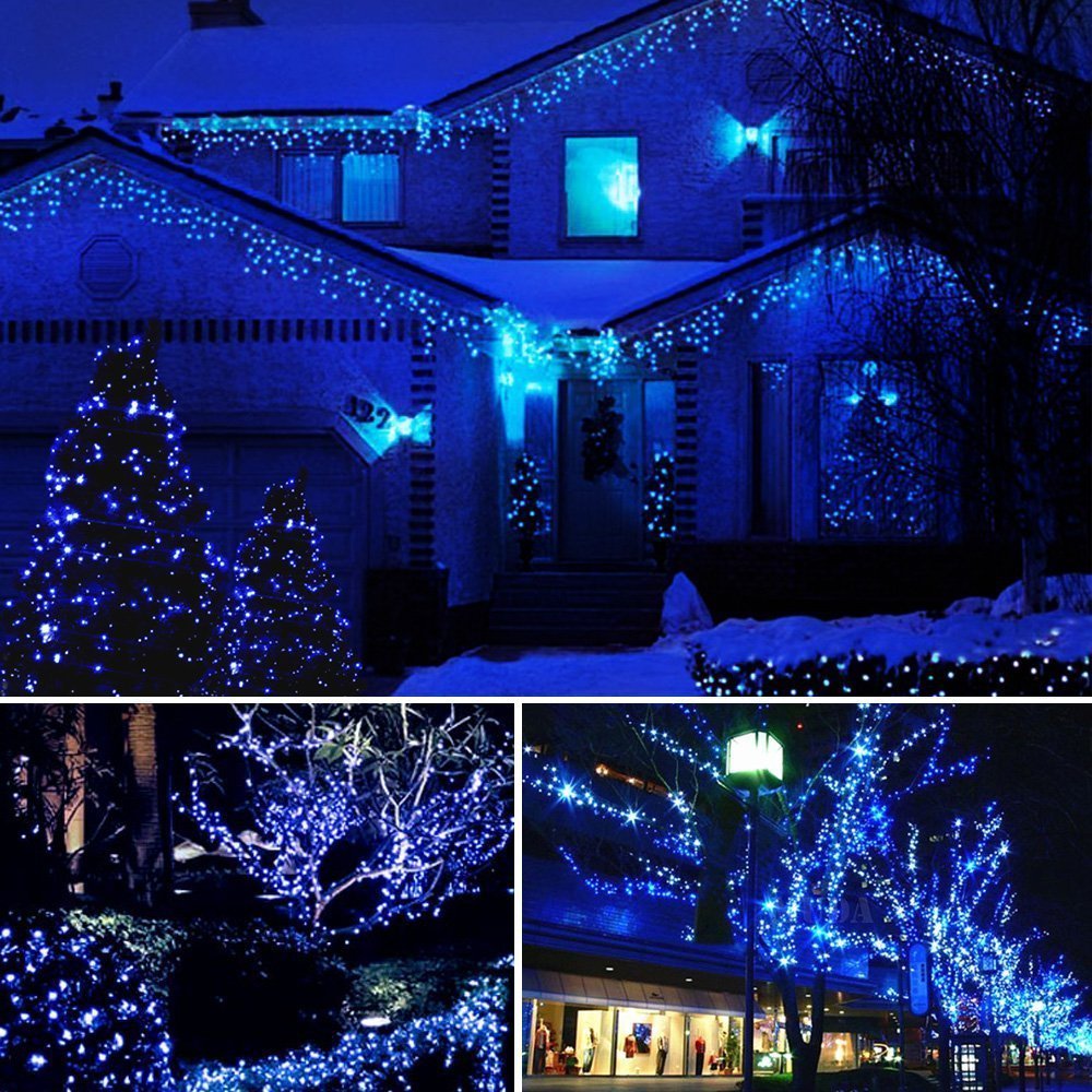 FULLBELL Fairy Lights 33ft 100 LED Outdoor String Lights, Blue, Memory Modes, Extendable, Transparent Wire, Perfect for Weddings and Parties