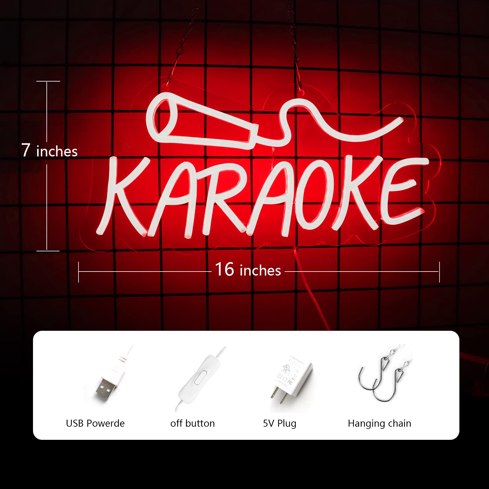 Vinray Karaoke Neon Sign Wall Art Decor, 16x7 inches, Red, Polystyrene, USB Powered for Music Bar, Pub, Club, Karaoke Store
