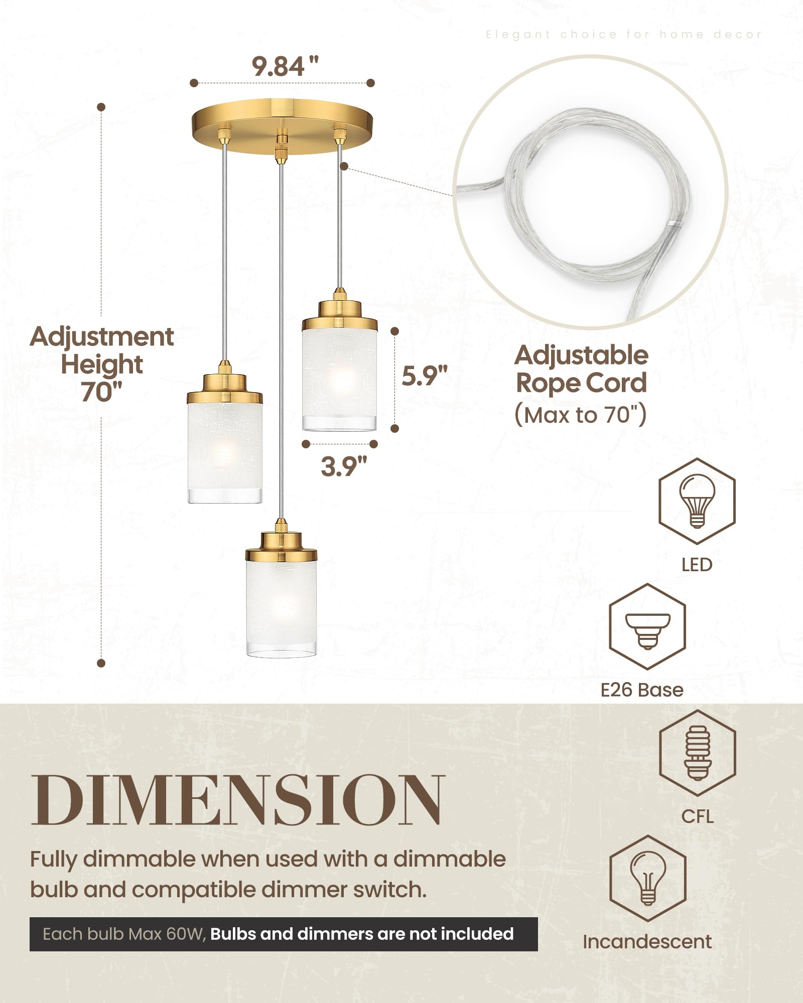 Tengxin Pendant Lights,3-Light Brushed Gold Pendant Light For Kitchen Island,Hanging Lamp Ceiling Light Fixture,Glass Pendant Li