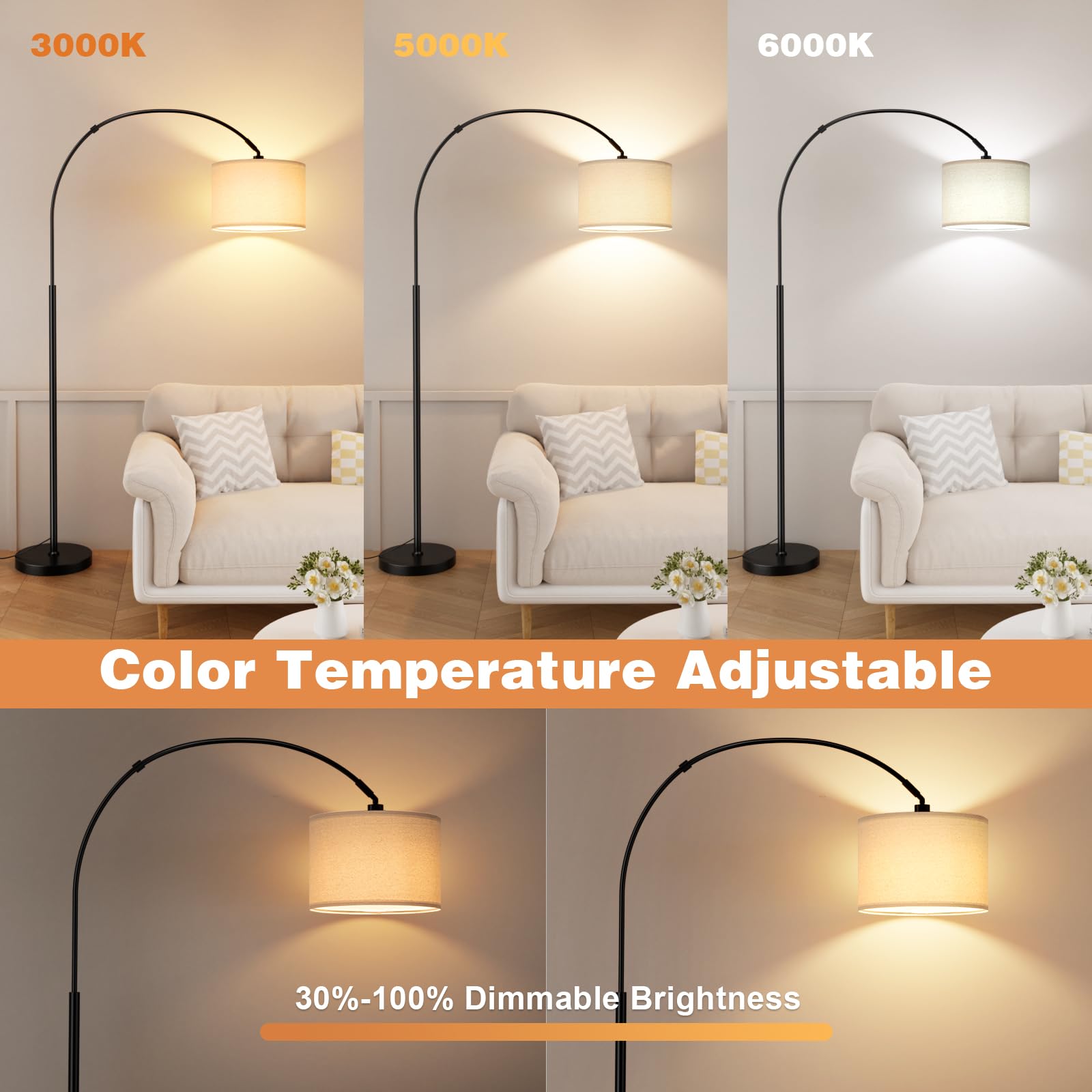 Ambimall 70" Dimmable Arc Floor Lamp with Remote, Adjustable Brightness & Color, Beige and Black Over Couch Reading Light