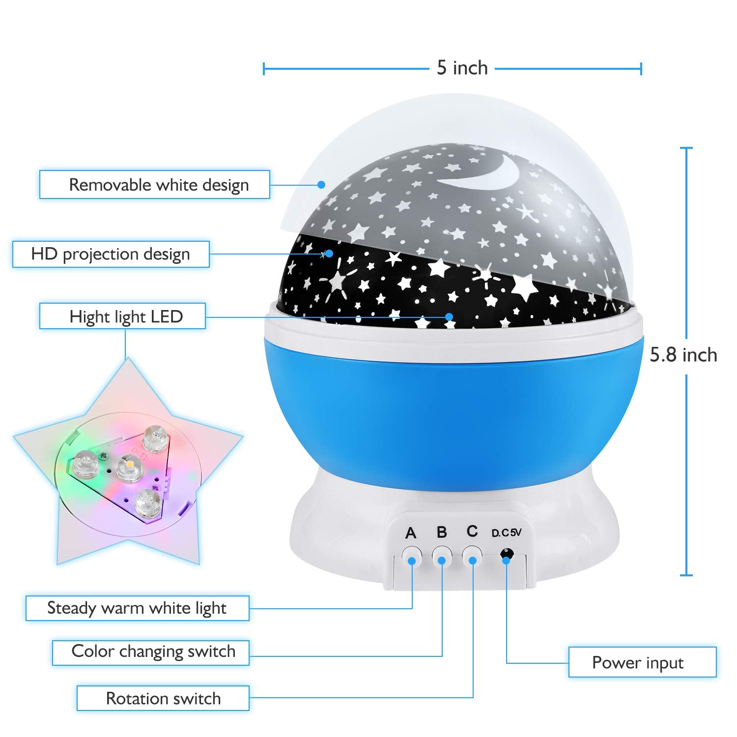 Rictly Star Night Light Projector For Kids, 360° Rotation, 12 Color Changing Led, Blue