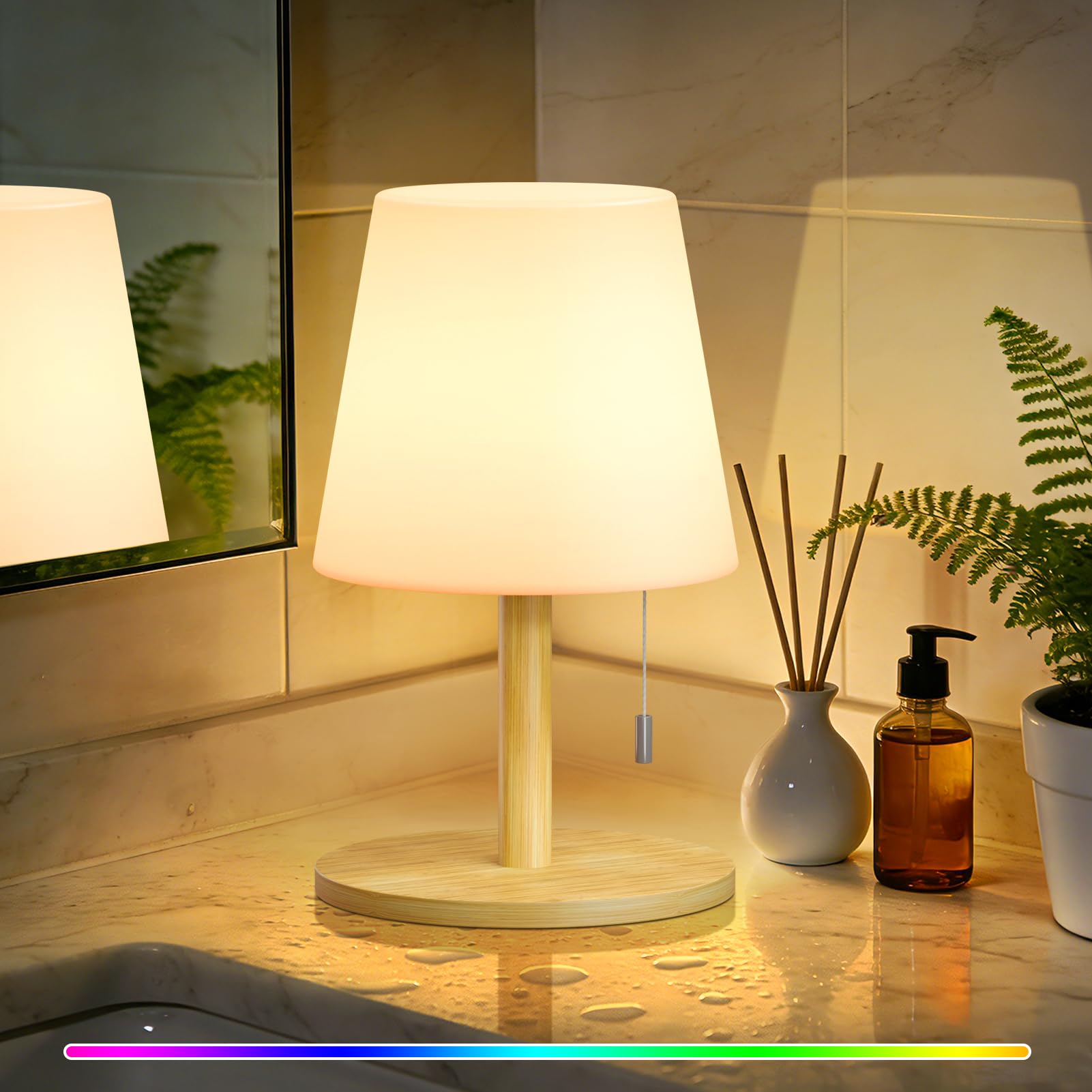 uuffoo Shower Lamp Waterproof Warm White & RGB Shower Light Dimmable LED Rechargeable Table Lamp Cordless Outdoor Lamps Portable for Indoor Outdoor Bathroom Home Patio H9.8in D6.3in (Bamboo)