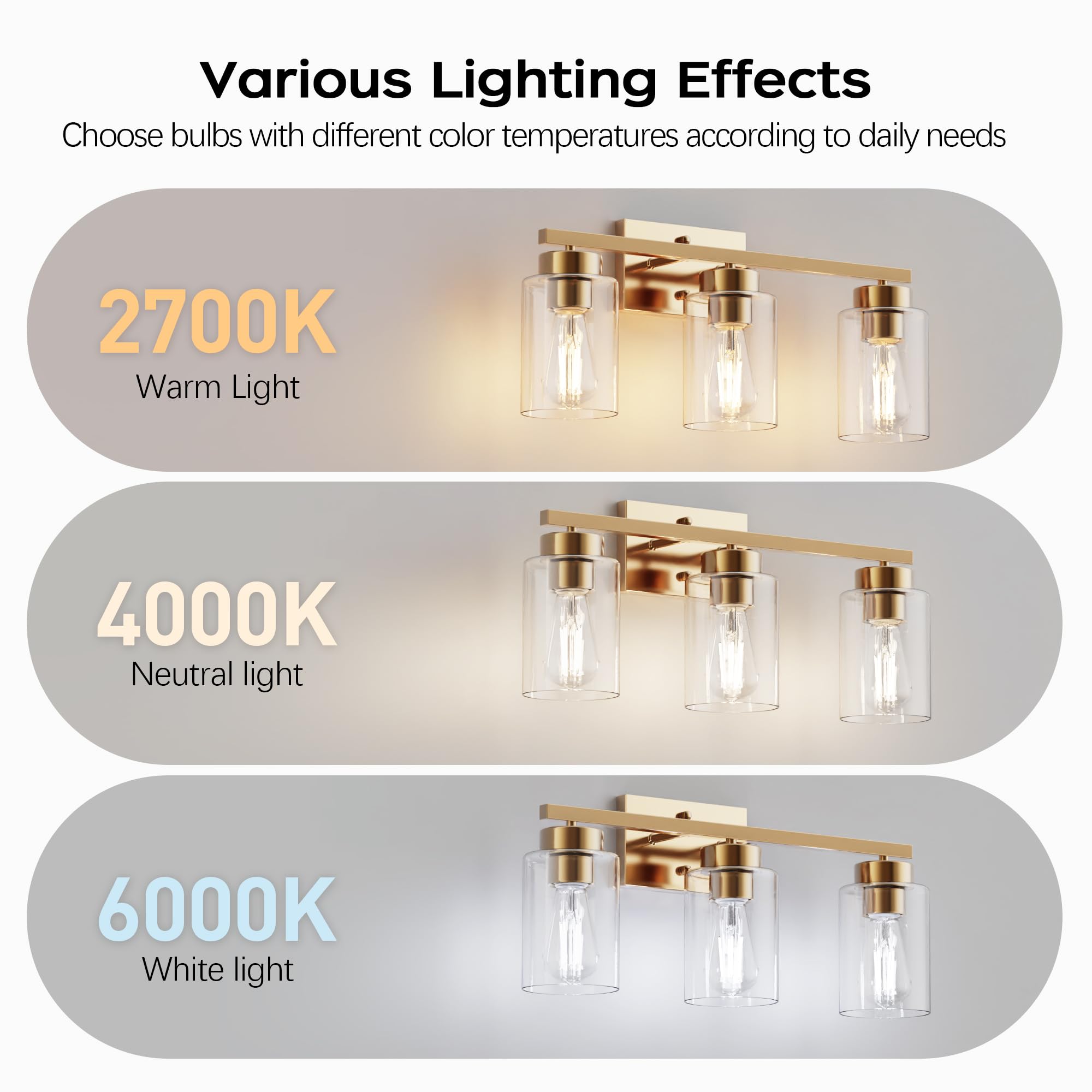 Partphoner 3-Light Bathroom Light Fixtures  Brushed Gold Vanity Light With Clear Glass Shade  Modern Wall Sconce For Mirror Bedroom Living Room Hallway Lighting