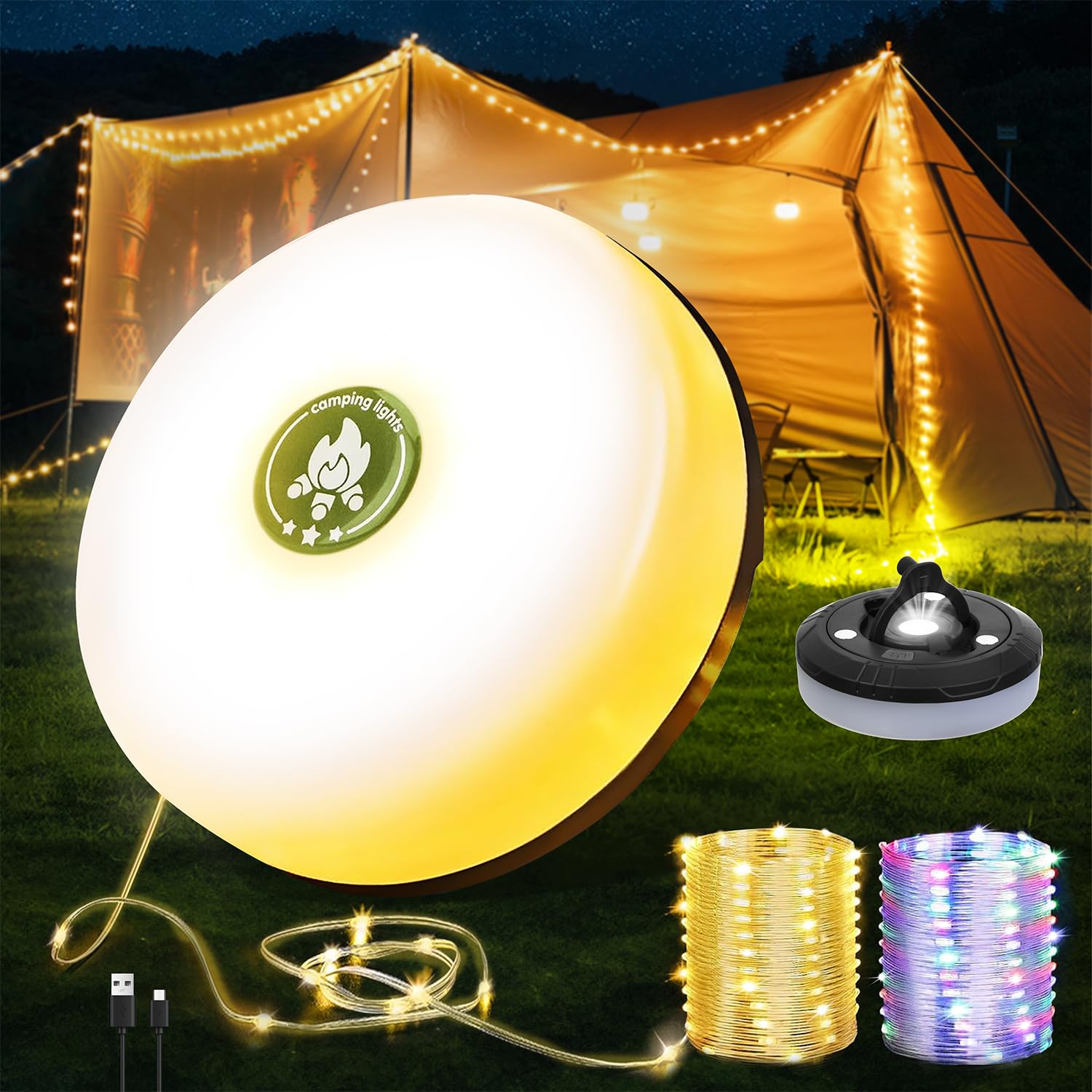 Camping String Lights | Rechargeable 4 in 1 Quick Storage 32.8FT Tent Lights with 8 Modes | Hanging Waterproof LED Lamp for Outd