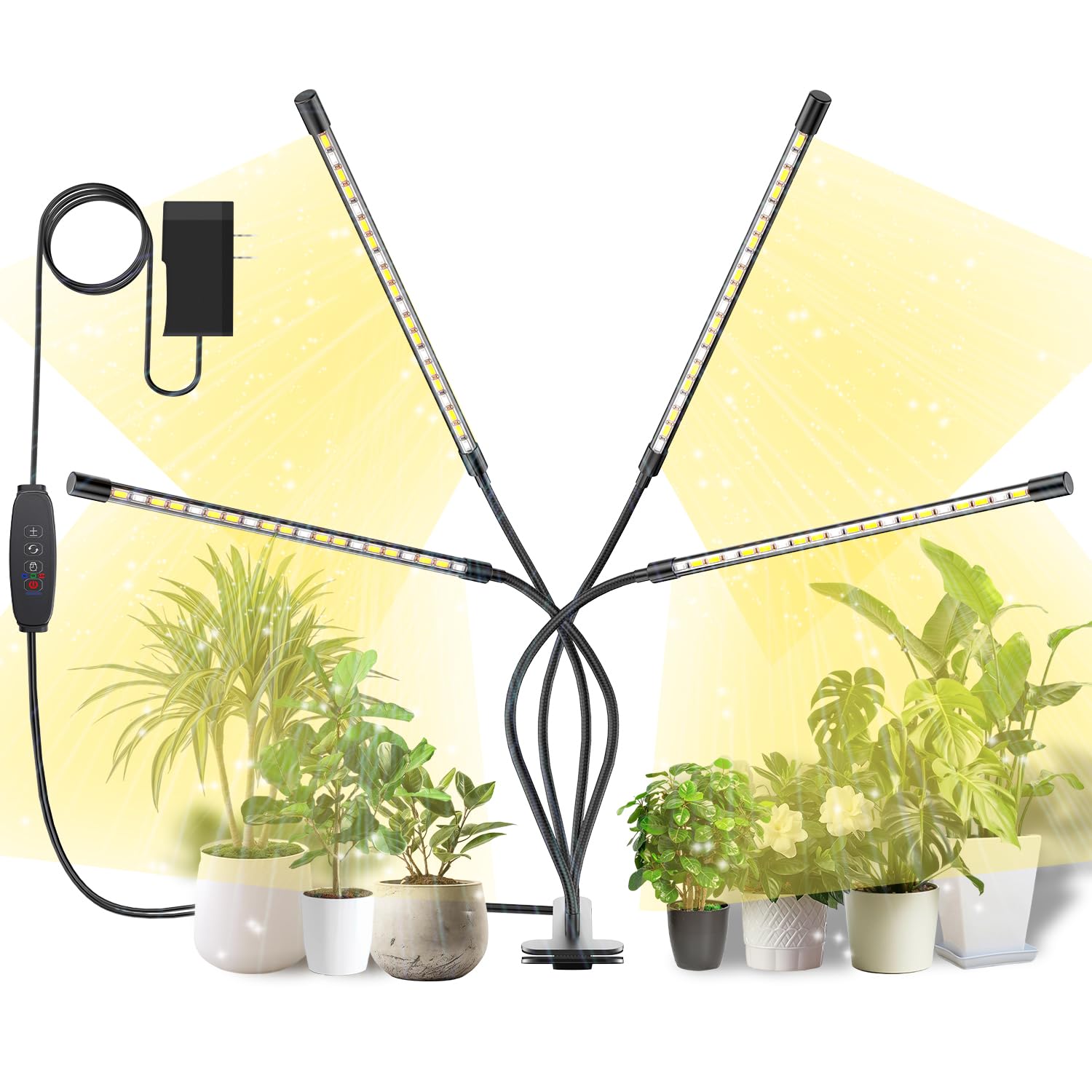bseah Grow Light for Indoor Plants, Full Spectrum LED, 4 Goosenecks, Timer, Sunlight Yellow
