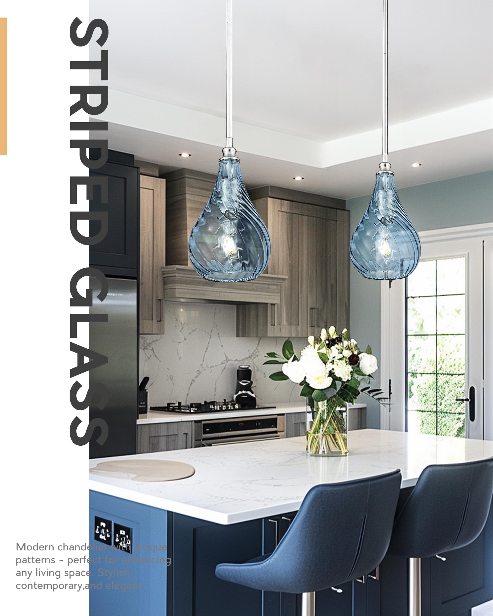 Tengxin Mini Hanging Light For Kitchen Island,Kitchen Pendant Lighting Over Island,Brushed Nickel Finished Blue Glass Pendant Li