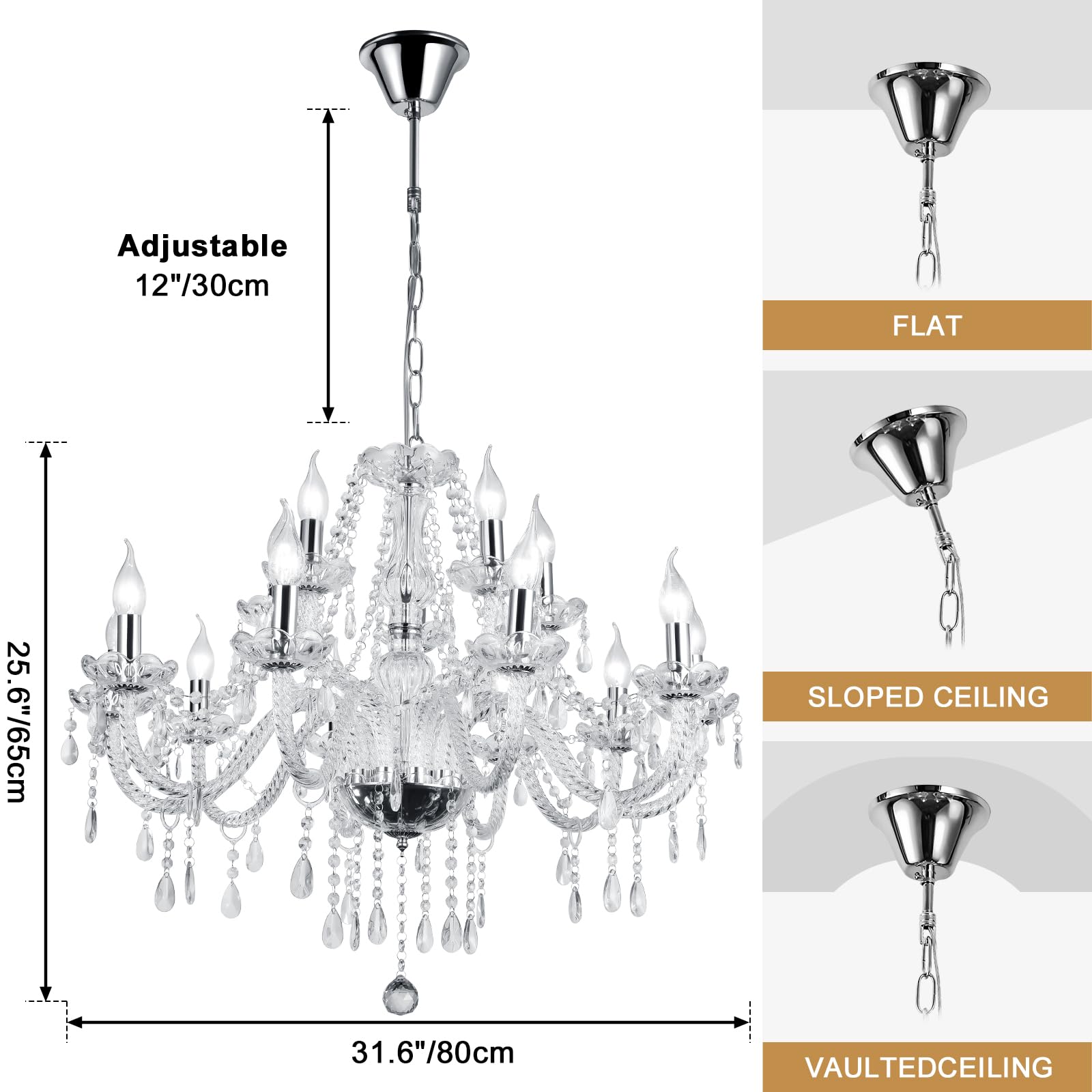Baotree Modern Elegant 12 Lights K9 Crystal Glass Chandelier Silver Pendant Ceiling Lighting European Style For Dining Living Ro