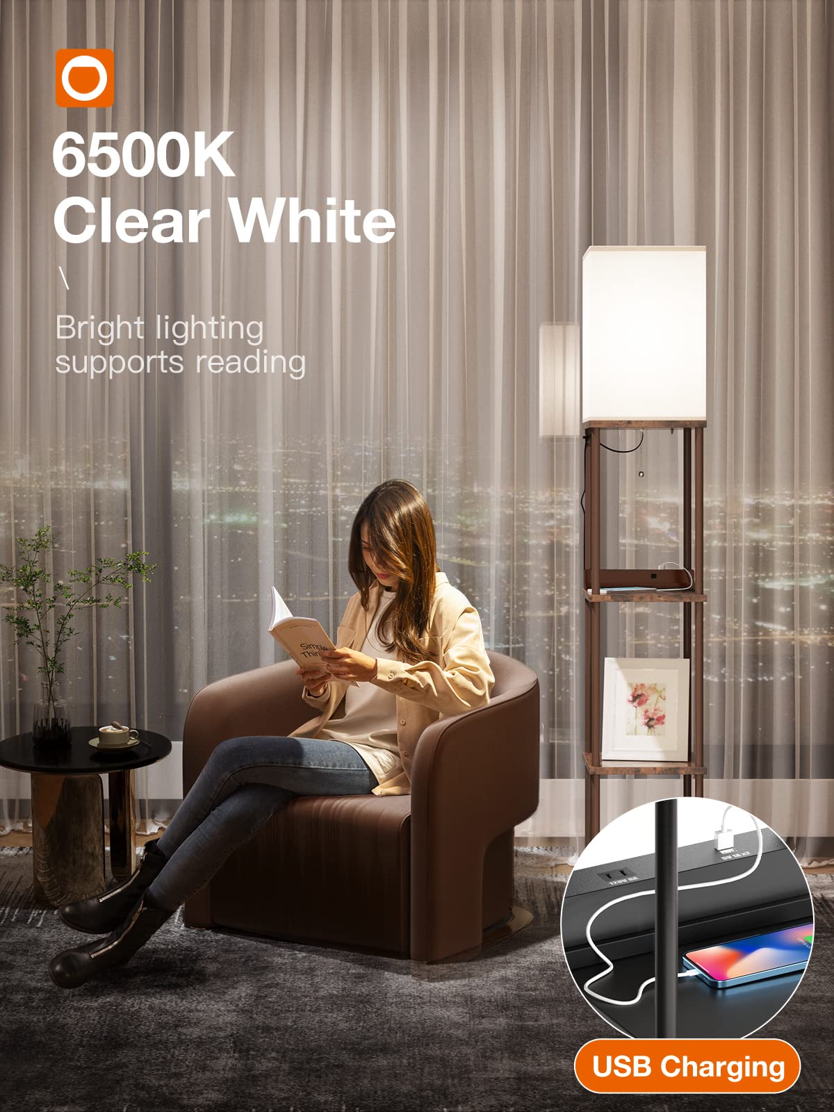 Addlon Modern Floor Lamp With Shelves, Remote Control, 2 Usb Charging Ports And 1 Power Outlet, Display Floor Lamp With Shelves