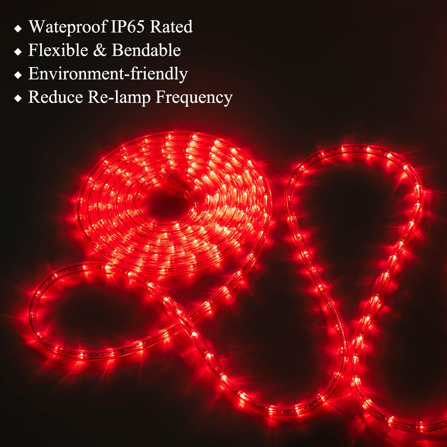 Junwen Red Led Rope Strip Lights, Outdoor, Indoor, 432Leds 40Ft/12M, Waterproof, Outside, Plug In 110V Tube Lighting Connectable Cuttable Flexible Decorative Garden Stairs Balcony Patio
