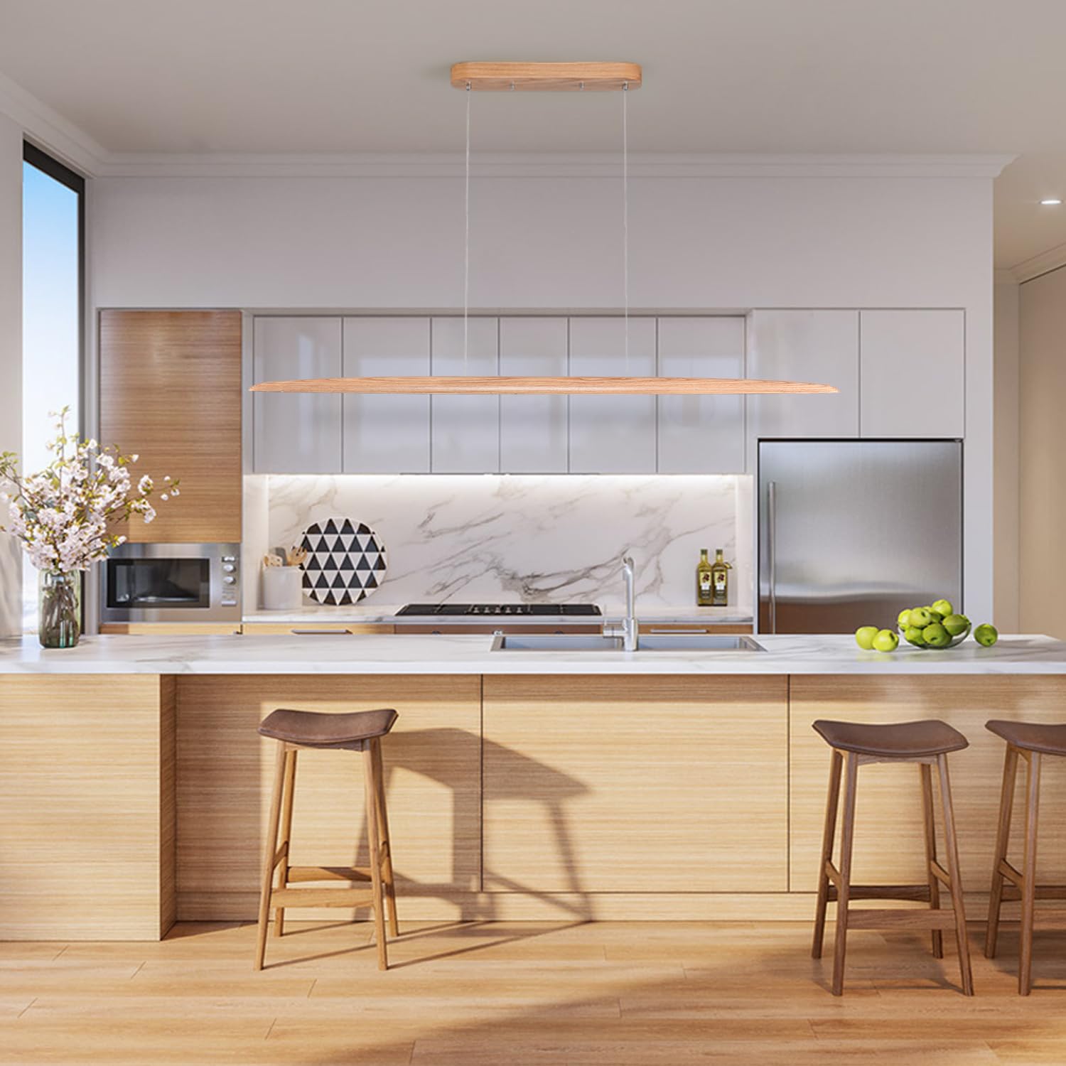 Yisdesign 59'' 40W Wood Led Linear Pendant Light Fixture Led Dining Room Light Dimmable Hanging Light Fixture For Dining Room Ki