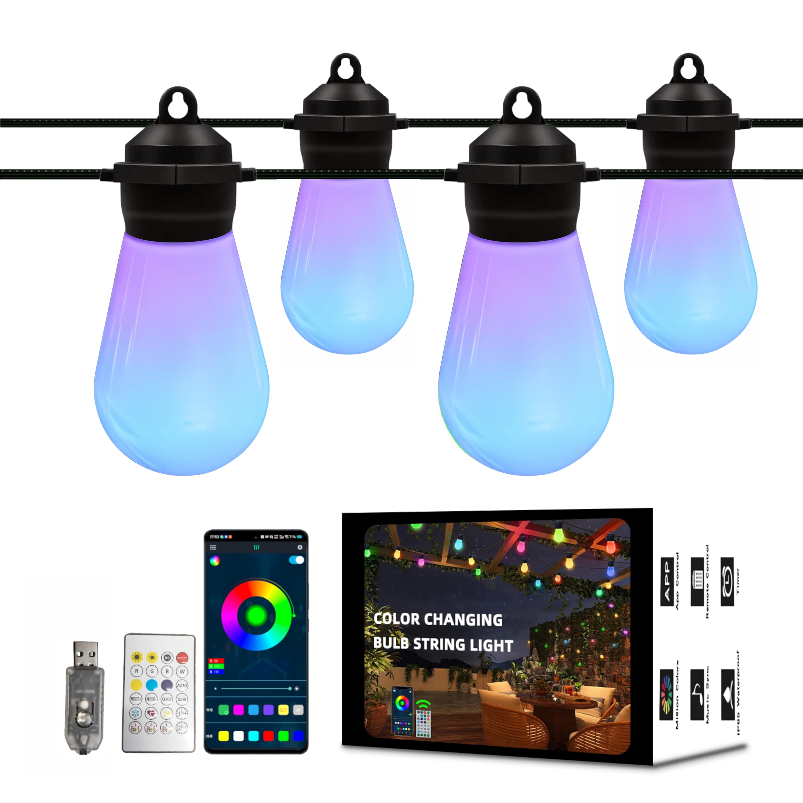 Honche Outdoor String Lights S14, 46FT, 20 Shatterproof LED Bulbs, Multicolor, USB Powered, IP67 Waterproof