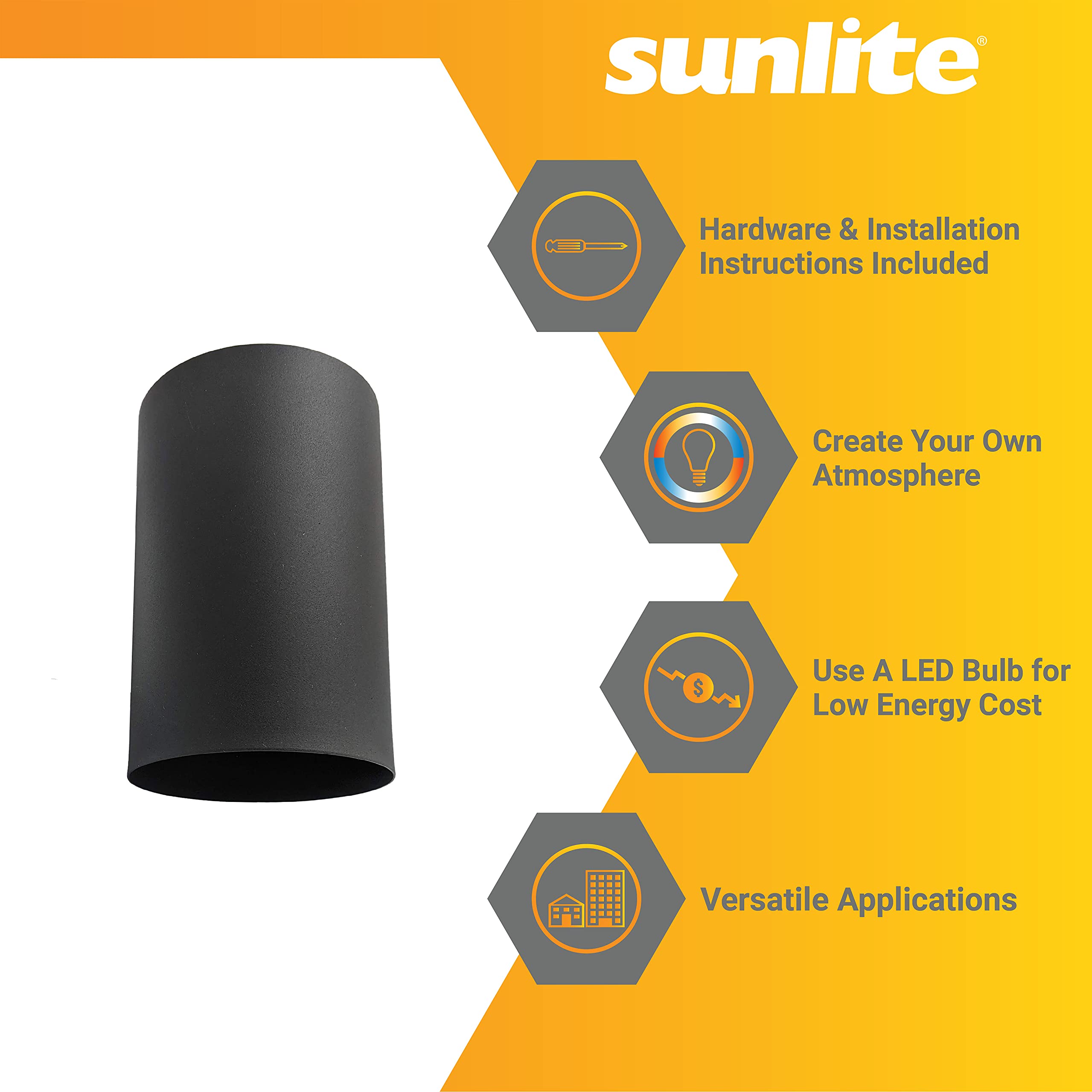 Sunlite 90161 Modern Cylinder Flush Mount Light, Matte Black, Aluminum, 60W Max, E26 Bulb, 1 Pack