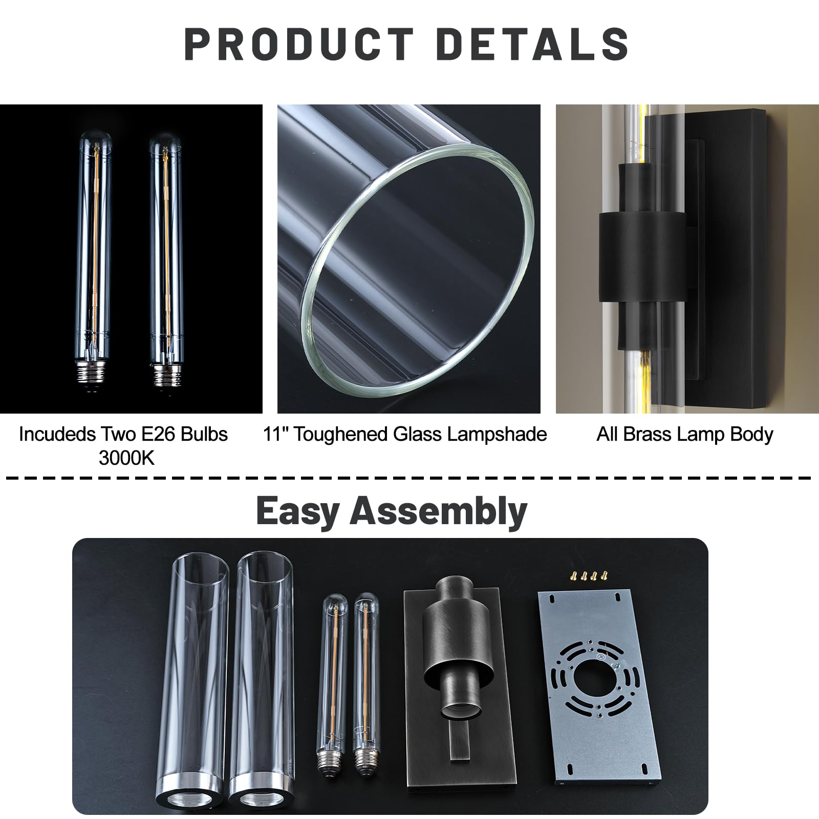 ZHTIECHUI 2-Light Vertical Linear Bathroom Vanity Light, 24in Black Brass Sconce, E26 Bulb Included, Model BDBL5578