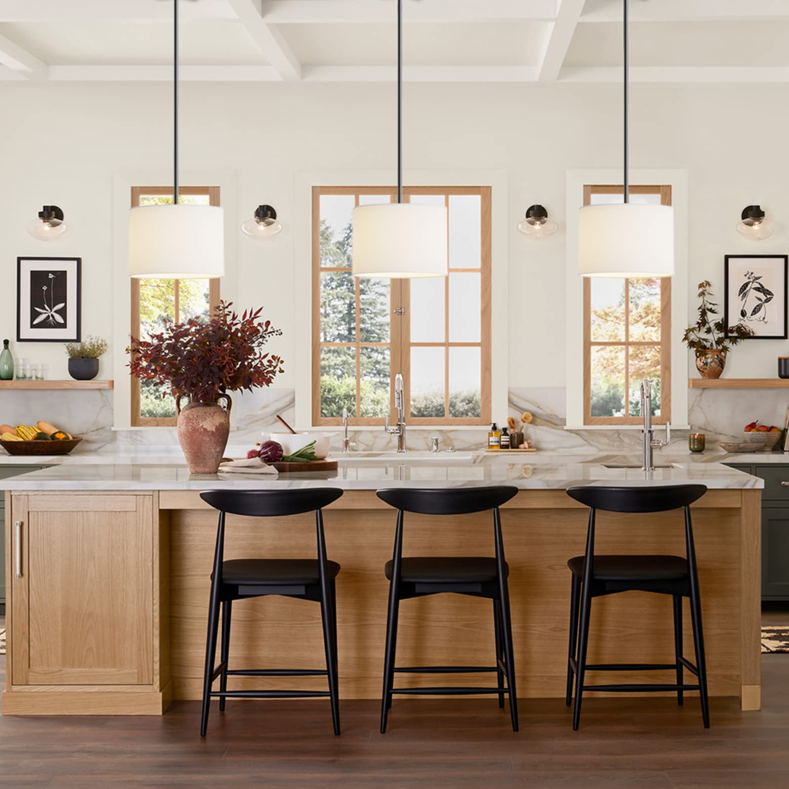 Electro Bp;9'' Dia White Linen Drum Shade Hanging Pendant Light Fixture With Black Pole Kit,E26,Hardwired,2-Pack;