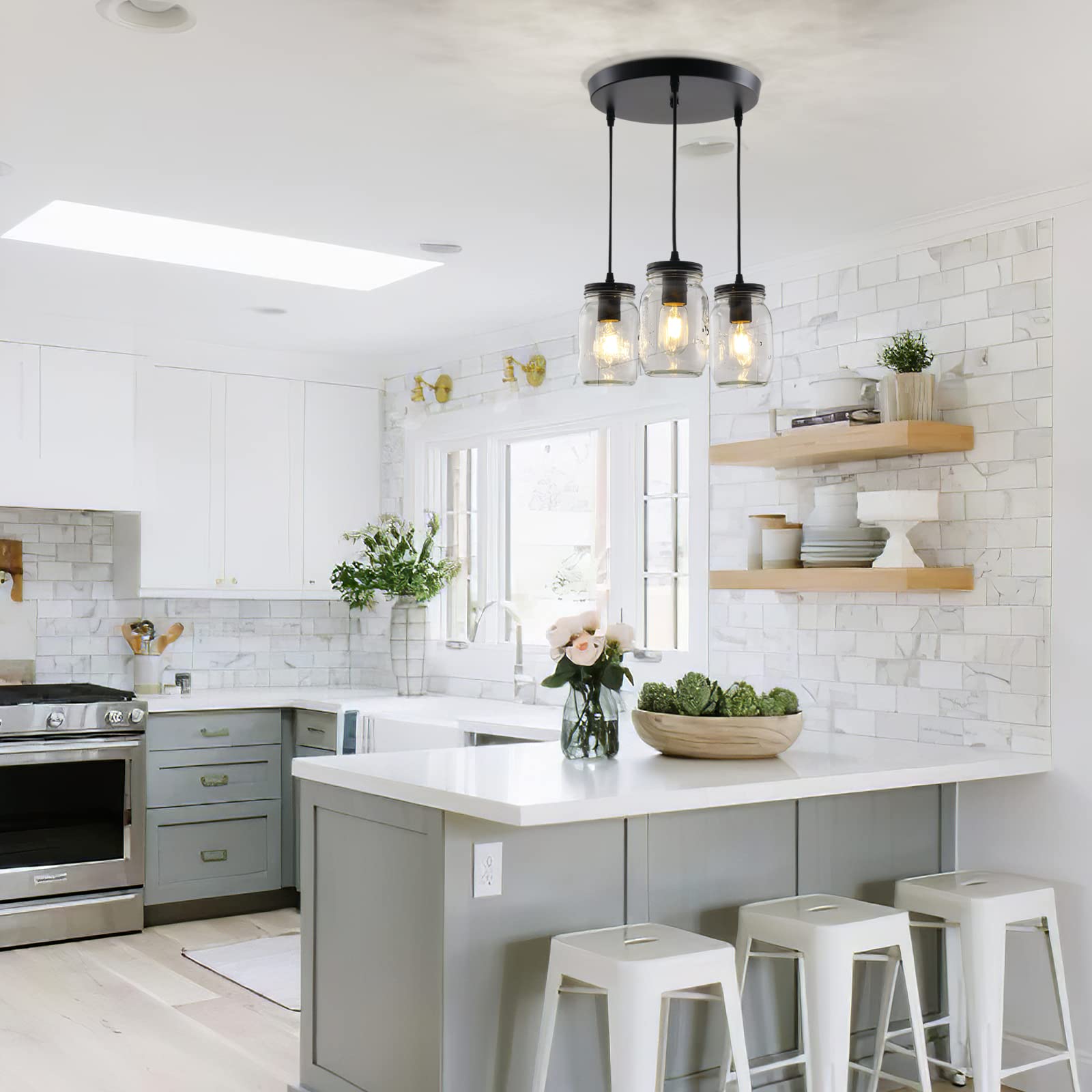 UShe DHome Mason Jar Pendant Light, 3-Light Adjustable Chandelier, Glass, Farmhouse Style, Model AY-0836-3P-BK, Ideal for Kitchen/Dining Room