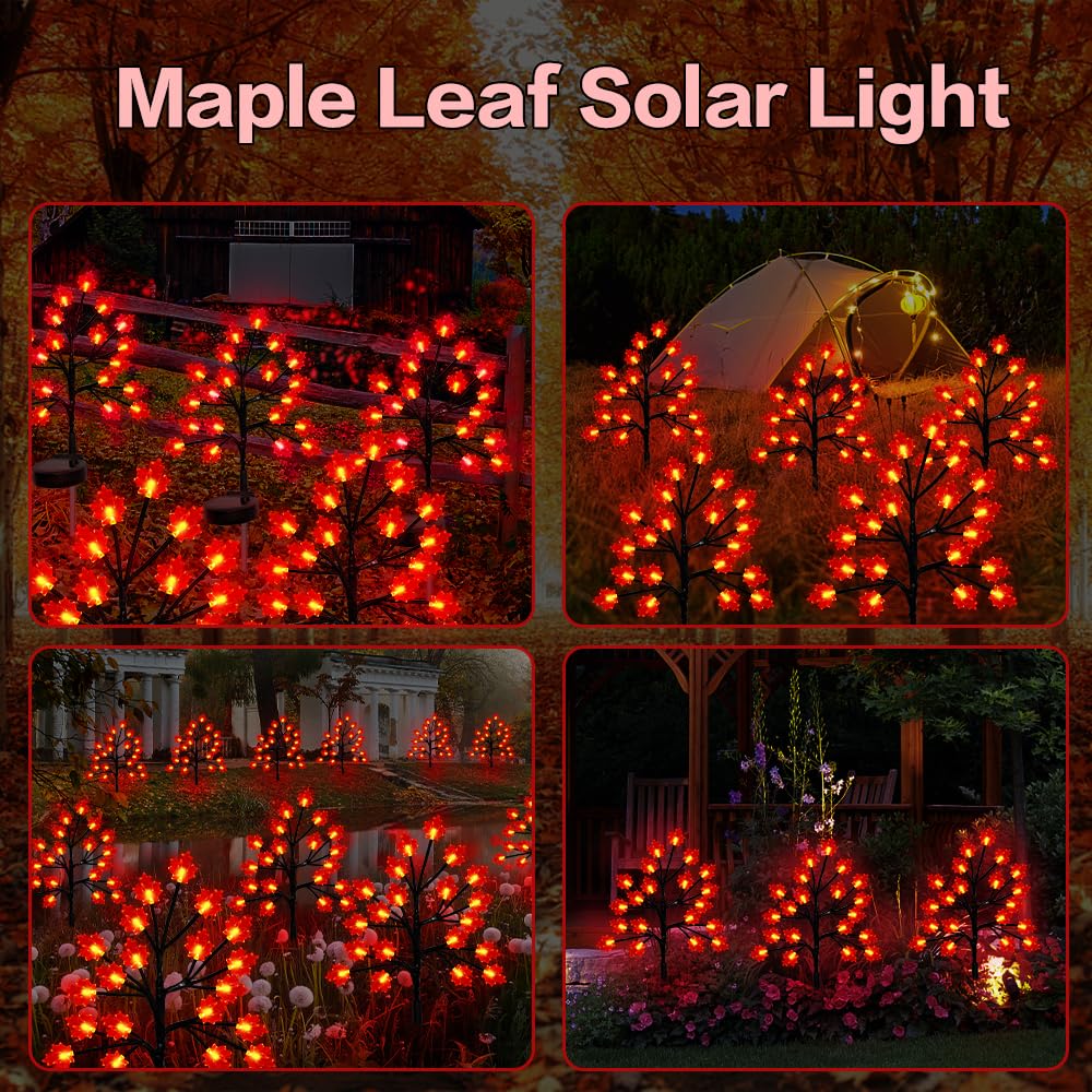 Fall Décor Solar Garden Lights Outdoor For Thanksgiving Decorations,40Led 2Pack Red Maple Leaves Tree Lights With -Outdoor Autumn Harvest Decor,Solar Fall Lights For Thanksgiving Christmas Party Decor