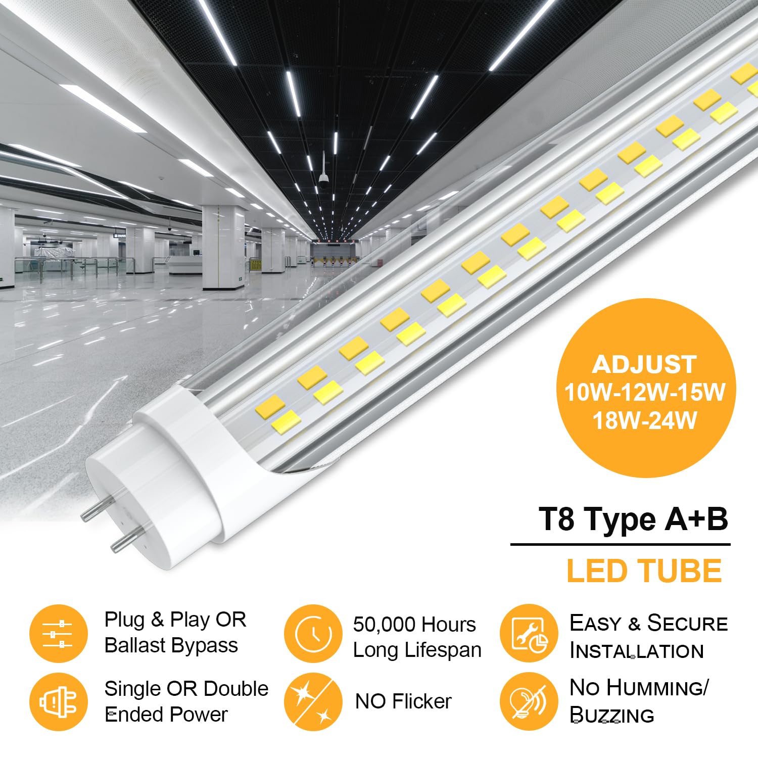 BESTDLCLITE T8 LED Tube Light Bulbs 4ft, 10W-24W, 6CCT, Durable Type A+B, White, 6 Pack, Model T84