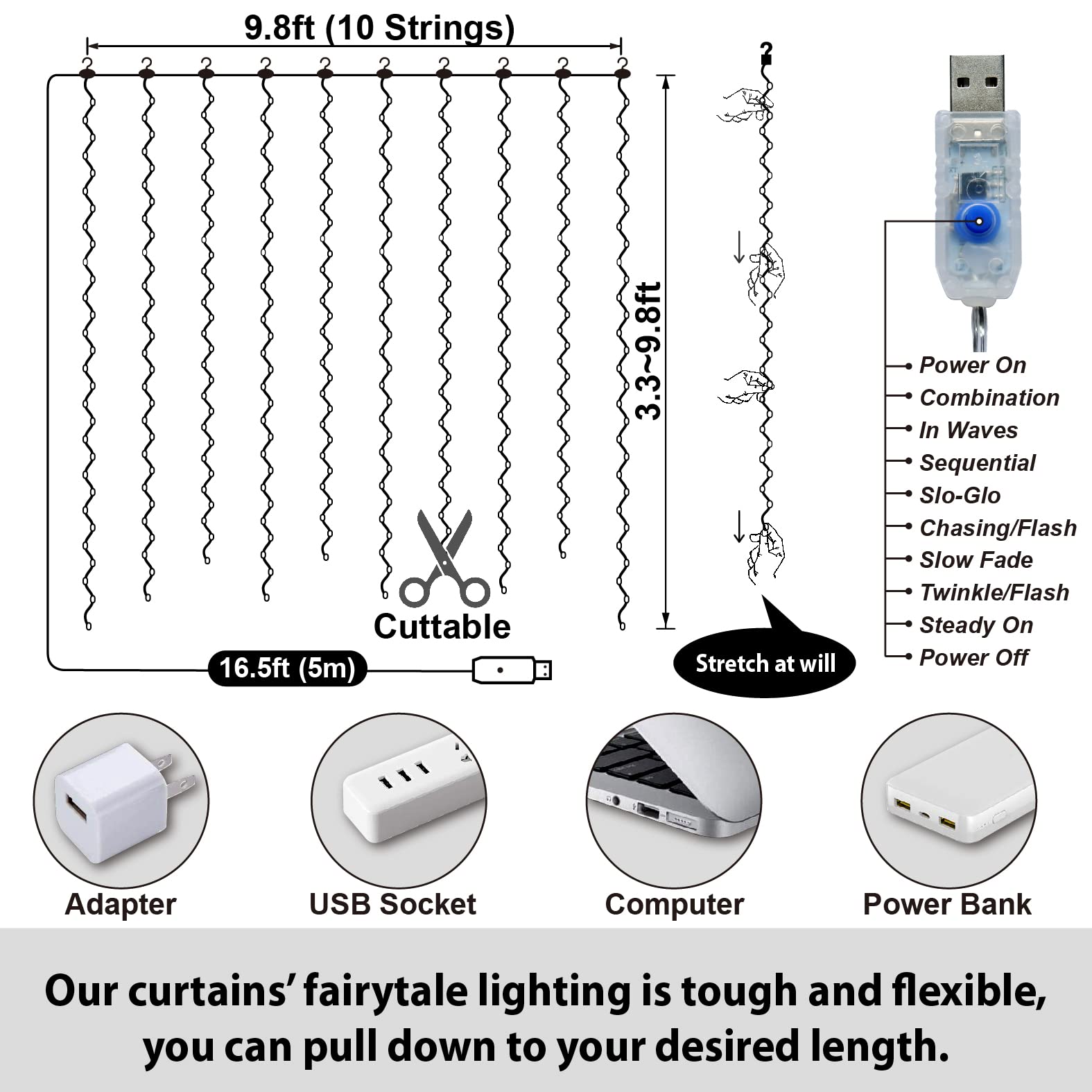 HXWEIYE Curtain Fairy Lights, 300LED Warm White, 9.8x9.8Ft, Copper Wire, Includes Clips & Hooks, Model HY100150-300