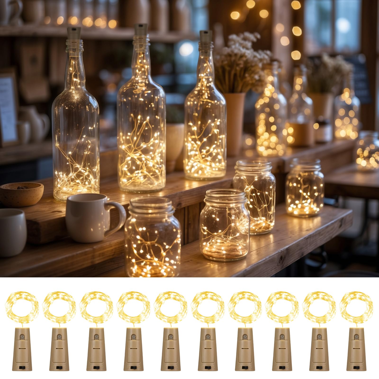inpmrl 10 Pack Bottle Lights with Cork  20 LED 7ft Warm White Copper Wire String Lights for Beverage Bottles  Battery Operated Decorative Fairy Lights for DIY  Home  Party  Wedding Decor (Warm White)