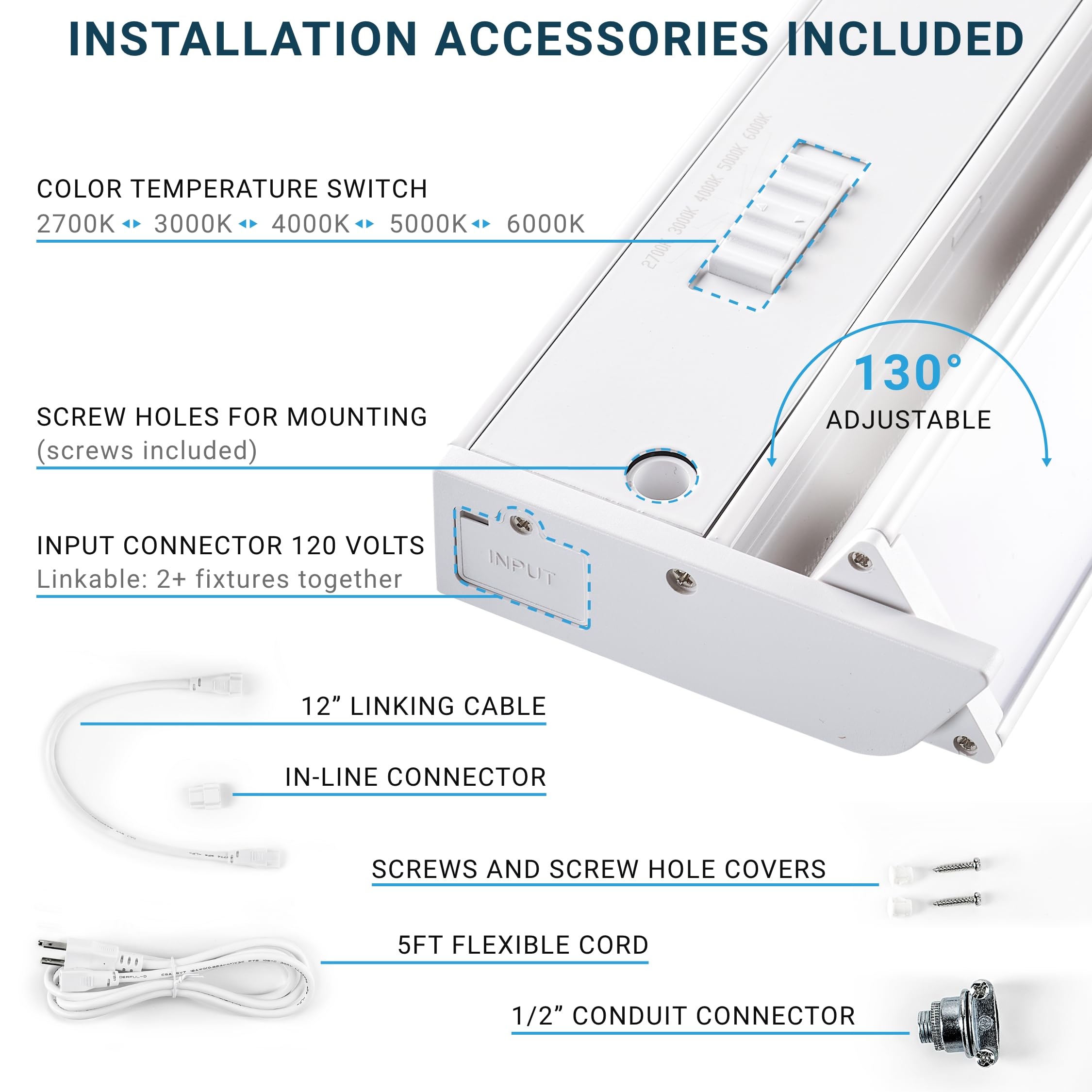 Parmida LED Swivel Under Cabinet Light, 32" Dimmable, 18W, 3CCT Color Selectable, White, Model PLED-UCS32-3CCTW