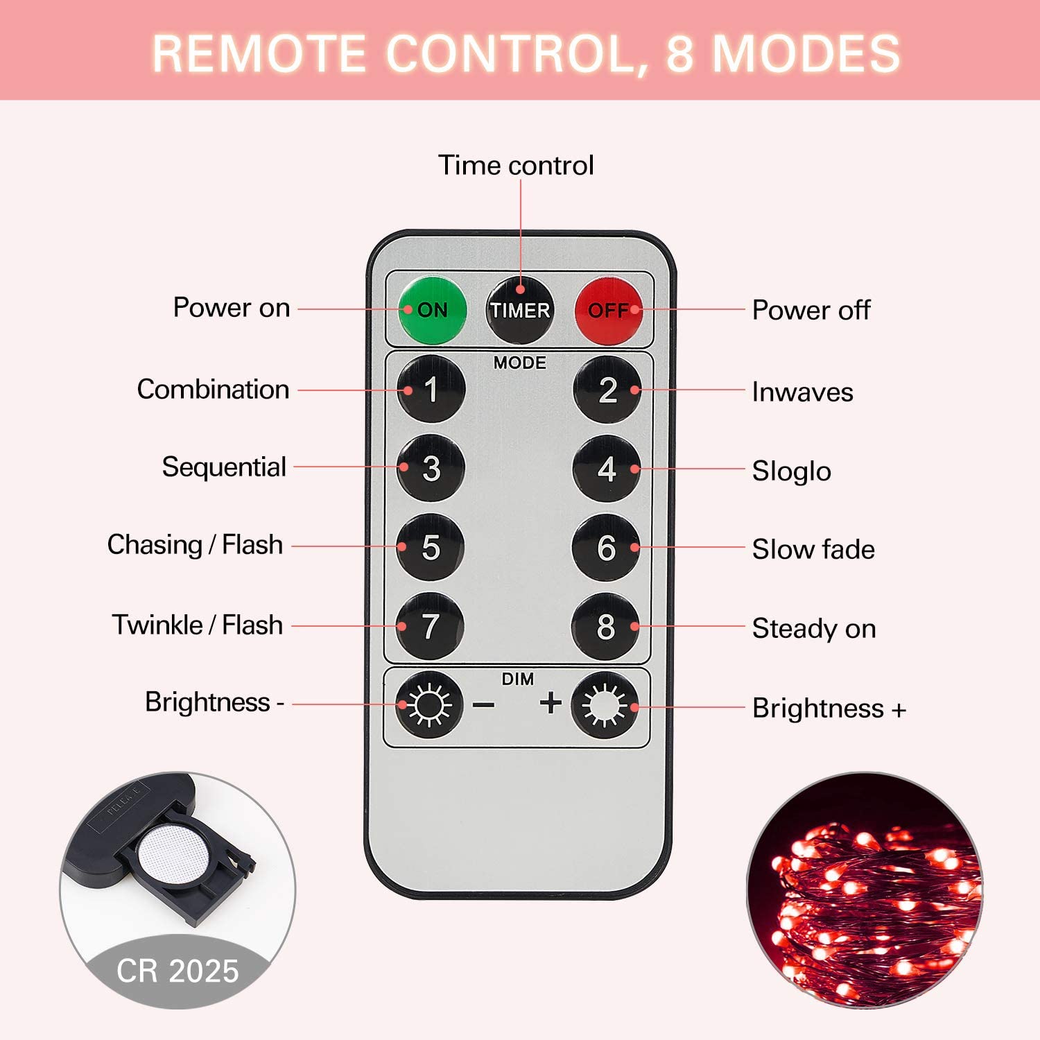 SUNNEST LED Curtain Lights, 300 LEDs, 9.8FT x 9.8FT, USB, 8 Lighting Modes, Remote Control, Red, Model SUNNEST-CDL