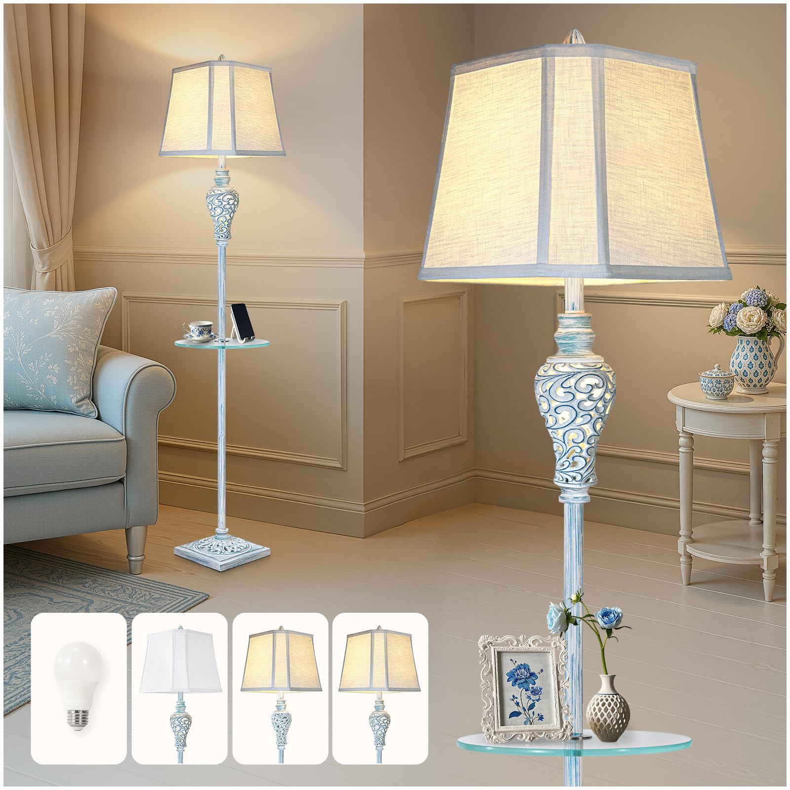 Vintage Floor Lamp With Night Light And Glass Tray, 65'' High Retro Standing Lamp With Washed Blue Finish And White Linen Shade,