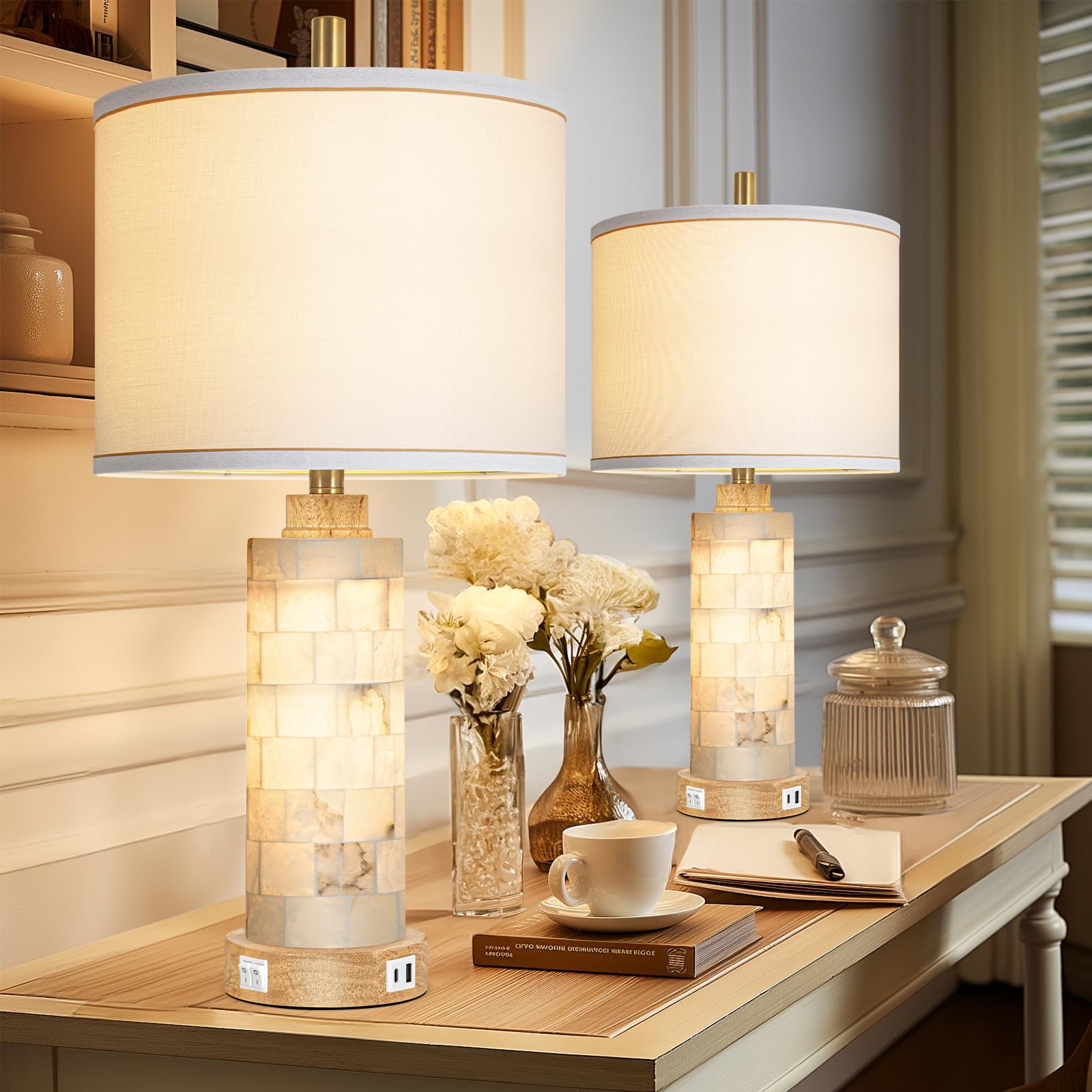 Kivditzo Natural Alabaster & Wood Table Lamp Set Of 2 With Usb Ports & Night Light