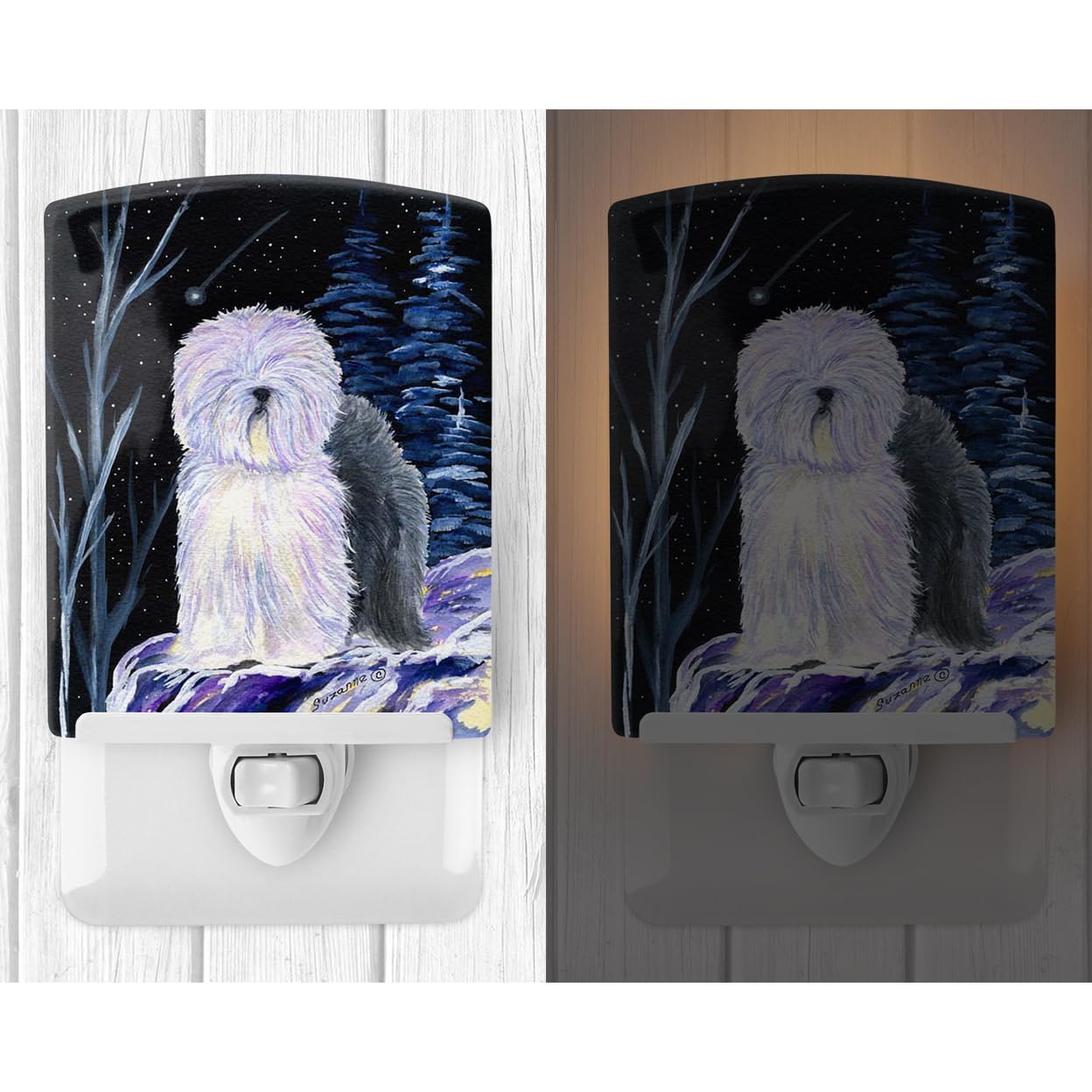 Caroline'S Treasures Ss8406Cnl Starry Night Old English Sheepdog Ceramic Night Light Compact, Ul-Certified, Ideal For Bedroom, Bathroom, Nursery, Hallway, Kitchen, 6X4X3, Multicolor